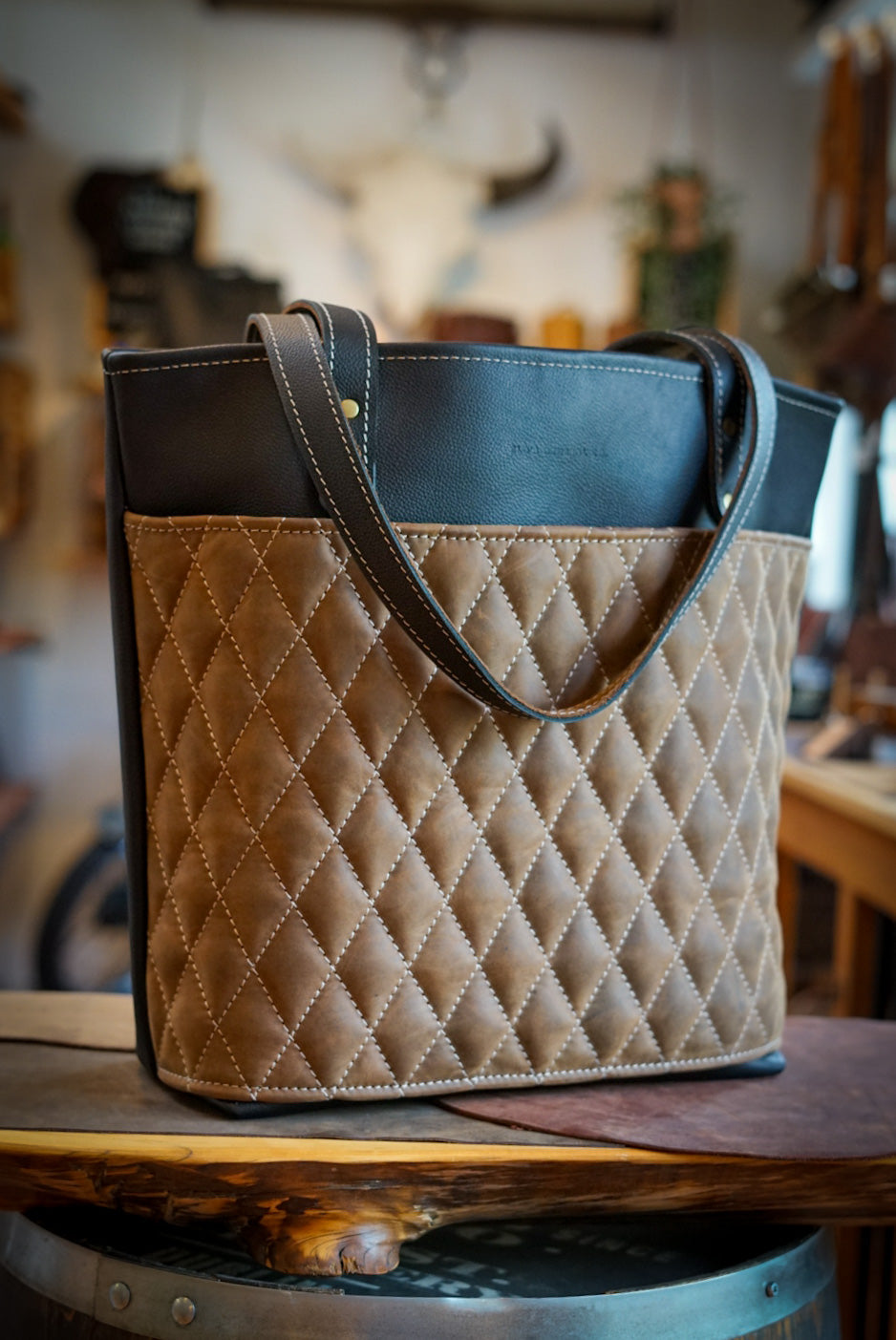 Premium Diamond Stitch Tote Bag - Pebbled Black & Crazyhorse Brown Leather - Stylish & Durable Handbag for Work, Travel & Shopping