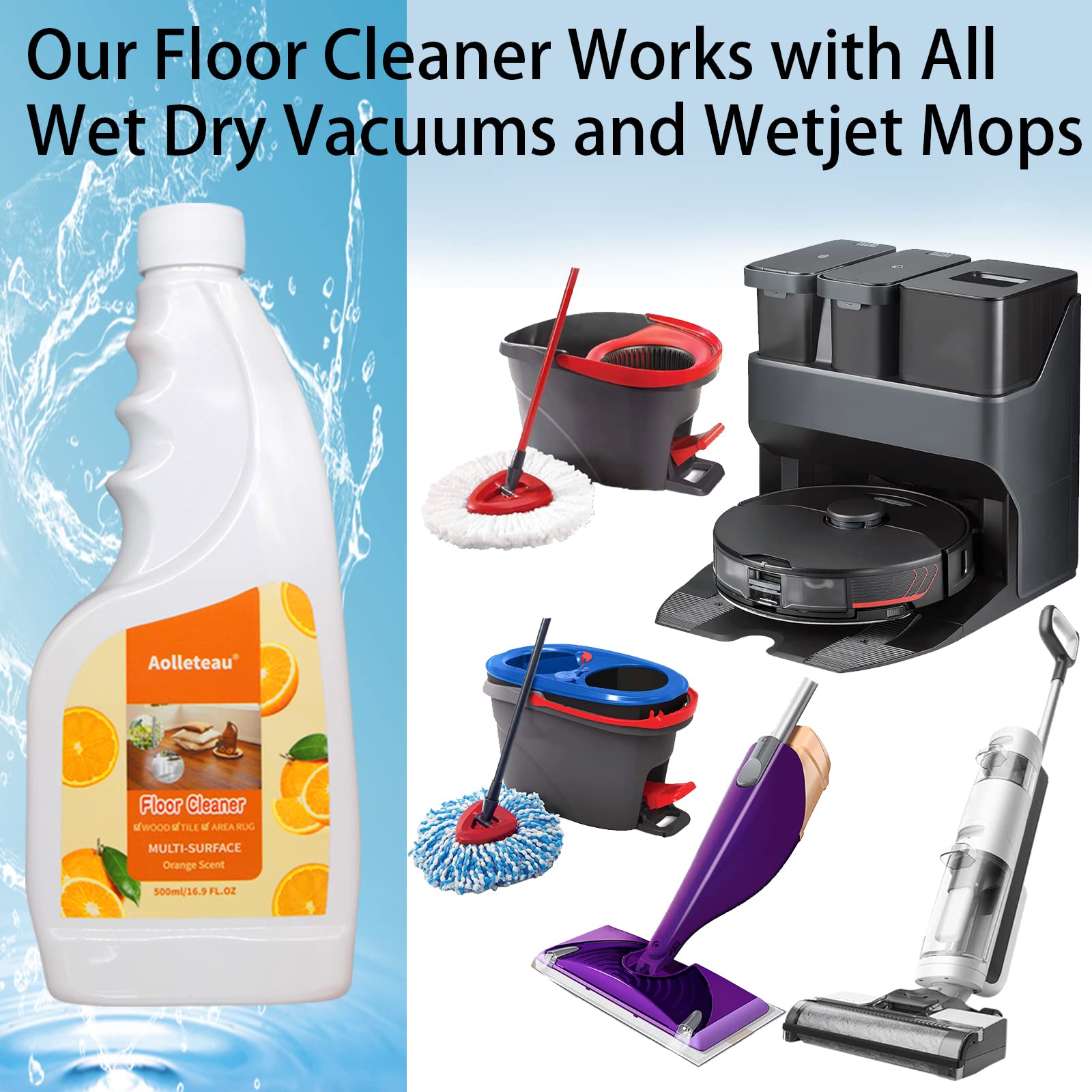 Robot Vacuum & Mop Floor Cleaner Solution - 16.9 fl.oz Concentrate (1:200 Dilution) - Compatible with Wet/Dry Vacuums, WetJet Mops & All Robot Cleaners - Refreshing Orange Scent - Perfect for Hardwood, Tile & Laminate Floors