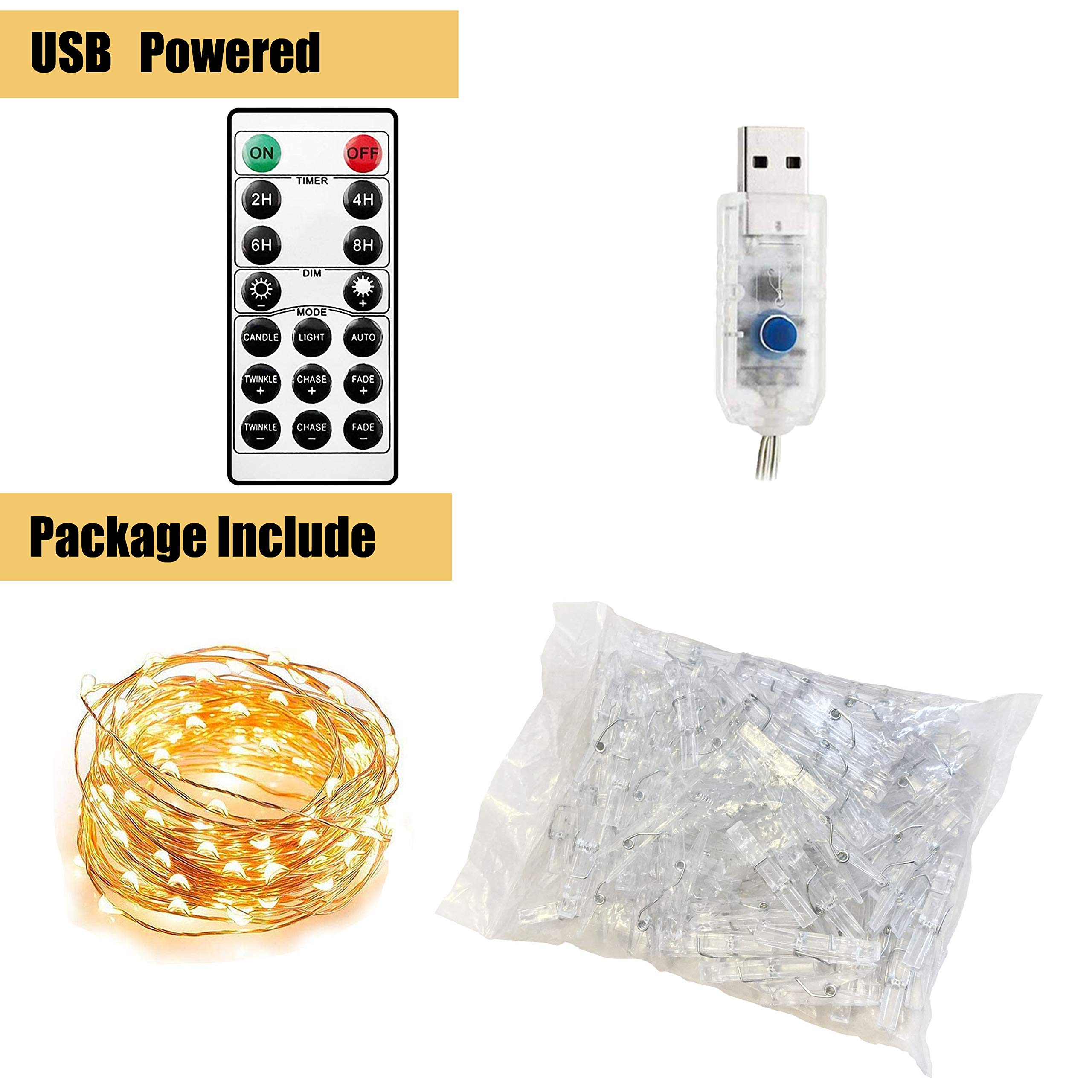 100 LED USB Fairy String Lights with 50 Clear Clips & Remote - Silver Wire Photo Display Lights for Wall Decor, Wedding, Christmas Party | Perfect for Bedroom, Living Room, Nursery & Outdoor Decorations
