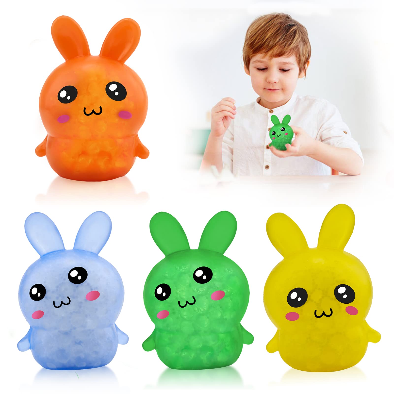 4 Pack Squishy Bunny Stress Balls - Easter Basket Stuffers for Kids & Adults, Water Bead Filled Sensory Fidget Toys for Stress Relief, Easter Party Favors & Home Decorations (Perfect for Classroom Rewards, Office Desk Toys & Anxiety Relief)