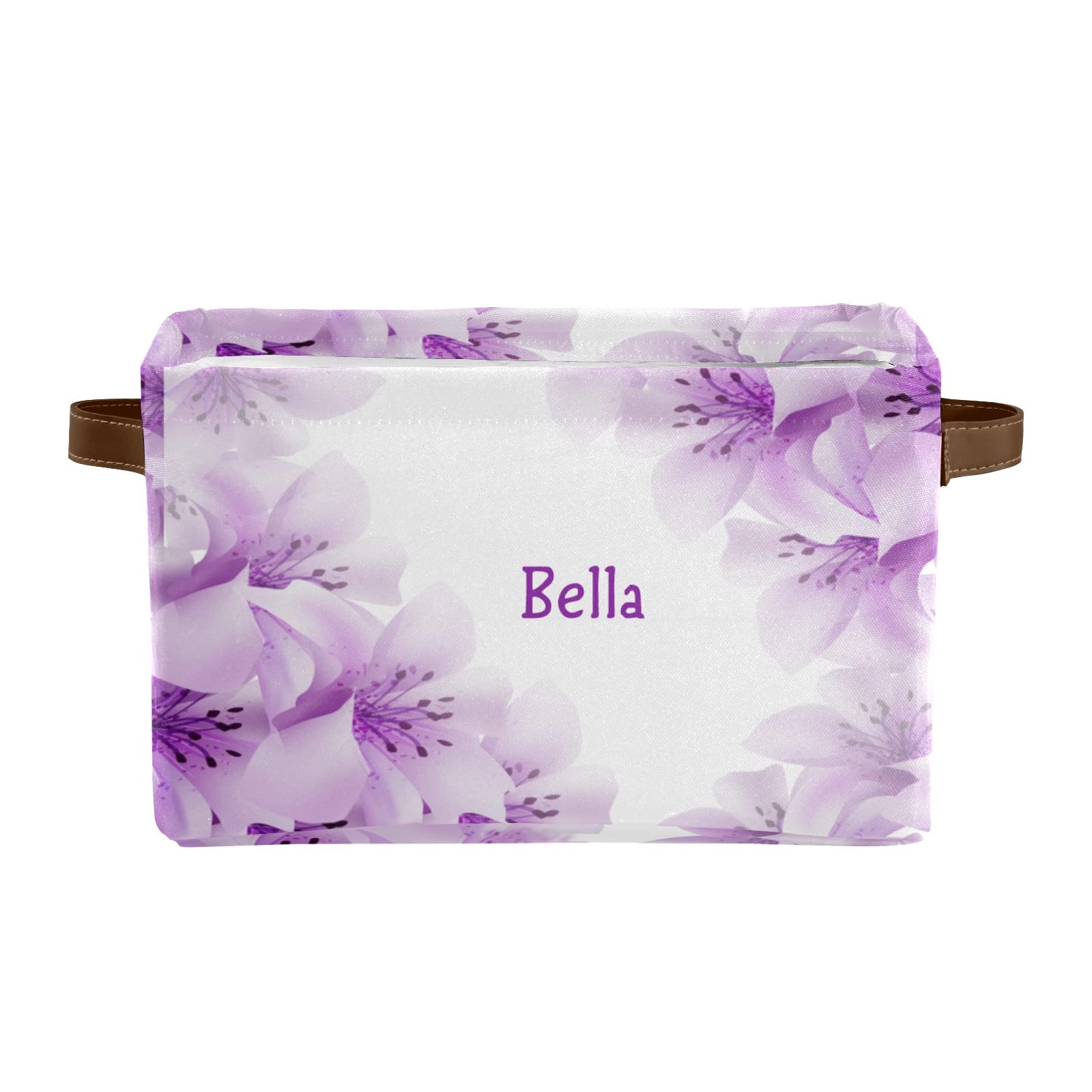 Personalized Purple Floral Canvas Storage Bins with Custom Name - 2 Pack Organizer Baskets with Leather Handles for Office, Bathroom, Nursery, Closet & Shelf Organization | Perfect for Home Decor & Gift Giving
