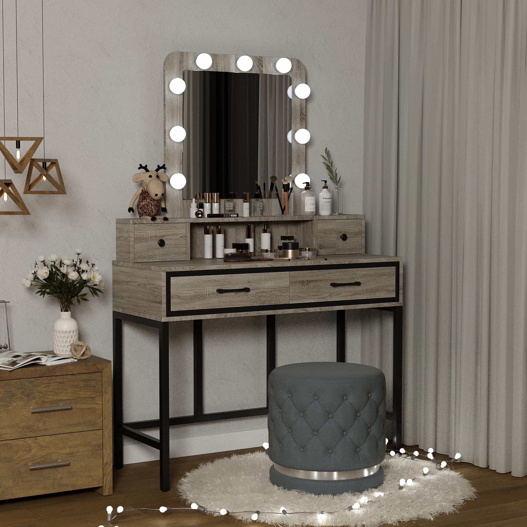 Sunvivi Vanity Makeup Desk with 3-Color Dimmable LED Hollywood Mirror, Grey Dressing Table with 4 Drawers & Stool - Large Vanity Set for Women & Girls | Perfect for Bedroom, Bathroom & Beauty Salon Makeup Application