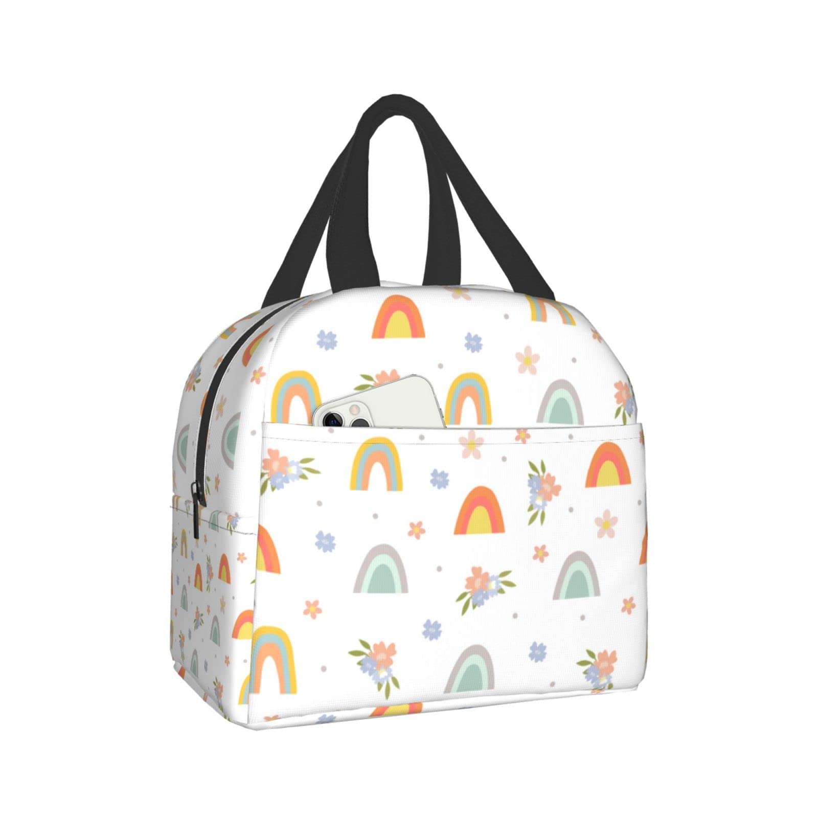 Stylish Insulated Lunch Bag with Boho Rainbow & Floral Design - Small Freezable Bento Box for Kids & Adults - Perfect for School, Work & Picnics