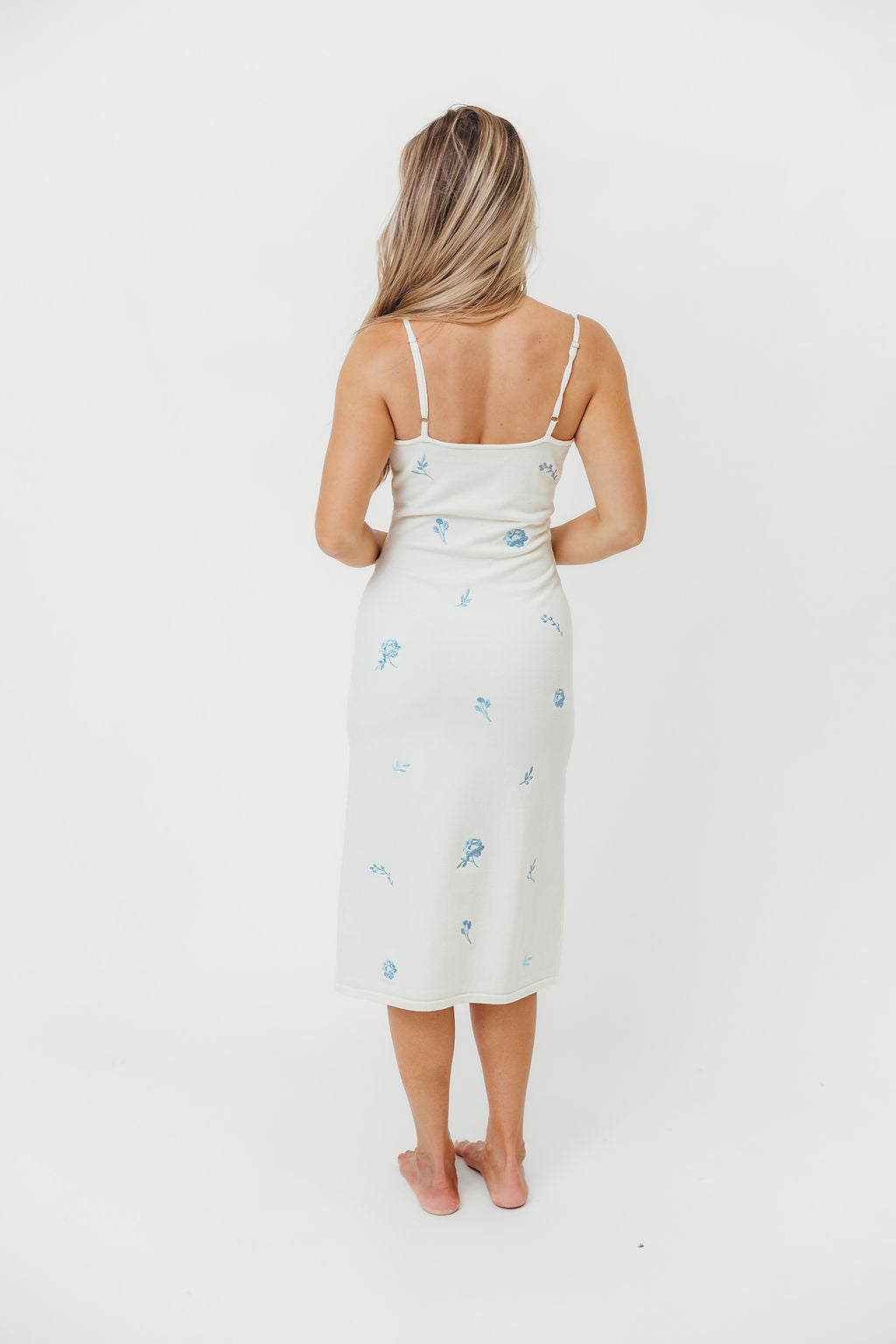 Floral Embroidered Wisteria Sweater Midi Dress - Women's Elegant White Knit Dress for Fall & Winter, Perfect for Office, Date Night, and Holiday Parties