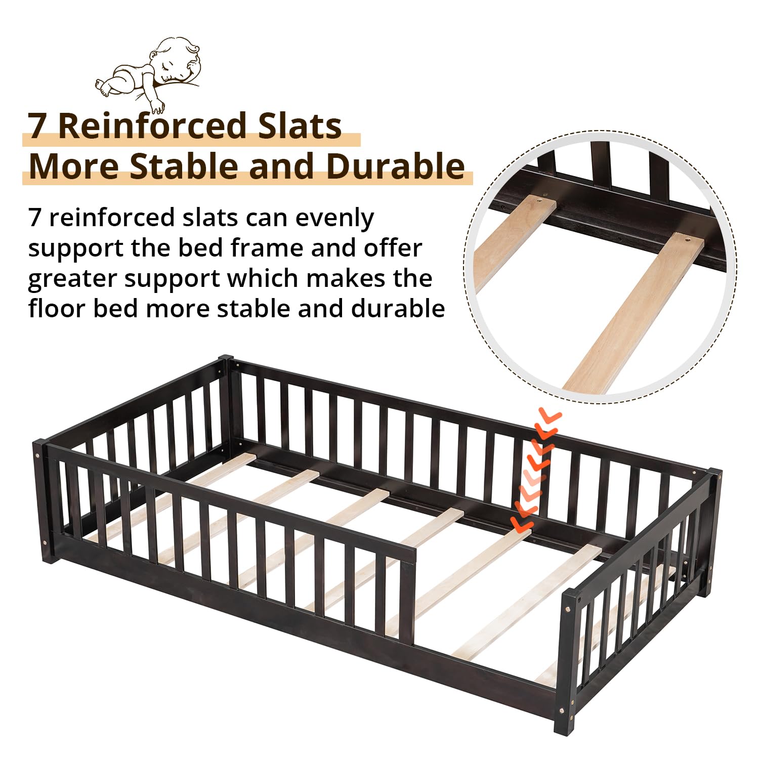 Montessori Twin Floor Bed for Kids - Solid Wood Frame with Sturdy Slats & Safety Rail - Durable Toddler Bed for Boys, Girls & Teens - Espresso Finish - Perfect for Montessori Rooms, Daycare or Small Spaces