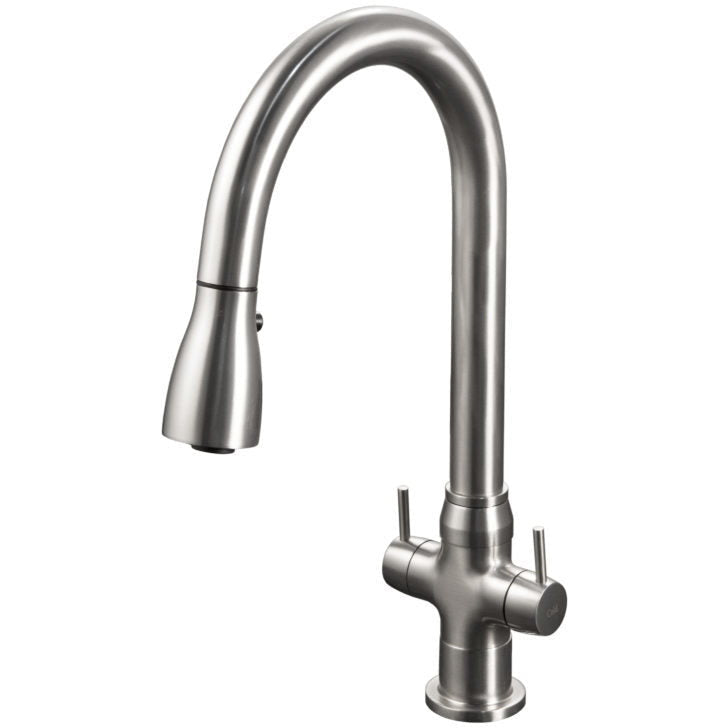 Hamat TNPD 1000 BN Brushed Nickel Three Function Pull Down Kitchen Faucet with Two Handles - Perfect for Modern Home, Restaurant, or Commercial Use