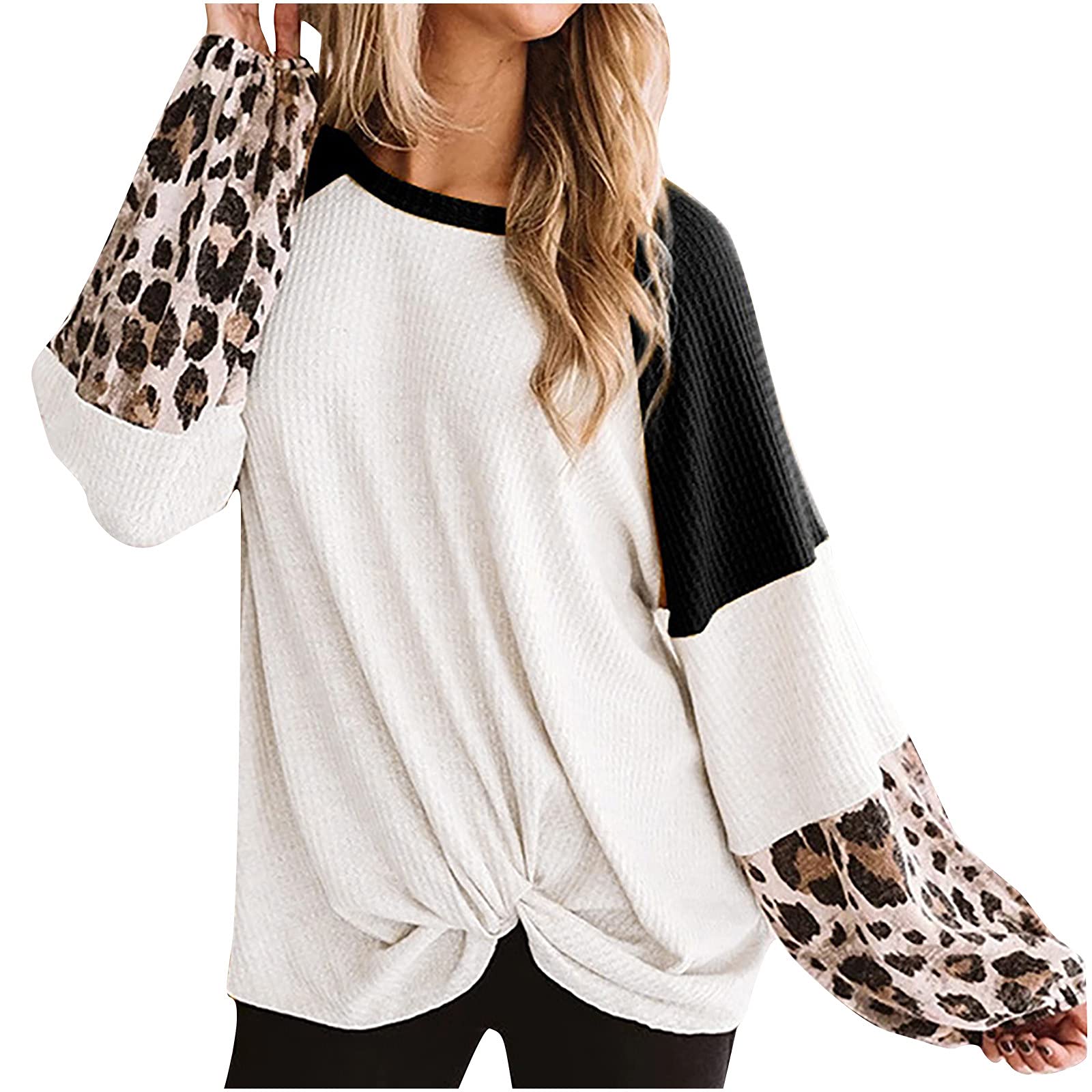 Women's Waffle Knit Tunic Top - Leopard Print Patchwork Long Sleeve Shirt | Casual Loose Pullover Thermal Blouse for Women | Perfect for Fall Layering, Winter Outfits & Cozy Home Wear