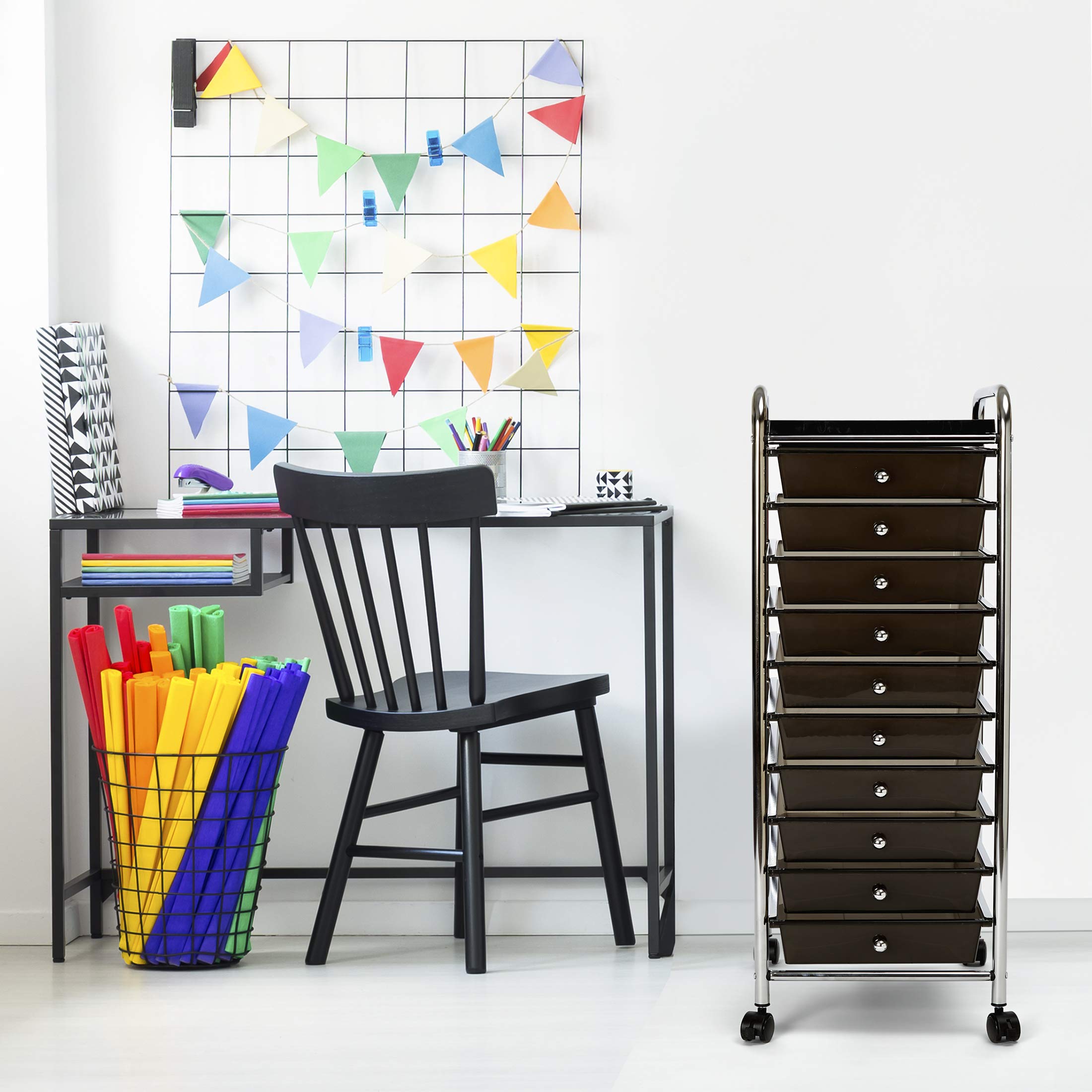 Seville Classics 10-Drawer Mobile Rolling Storage Cart with Utility Tray - Multipurpose Organizer for Home, Office & Garage - Black | Perfect for Craft Supplies, Tools & Closet Organization