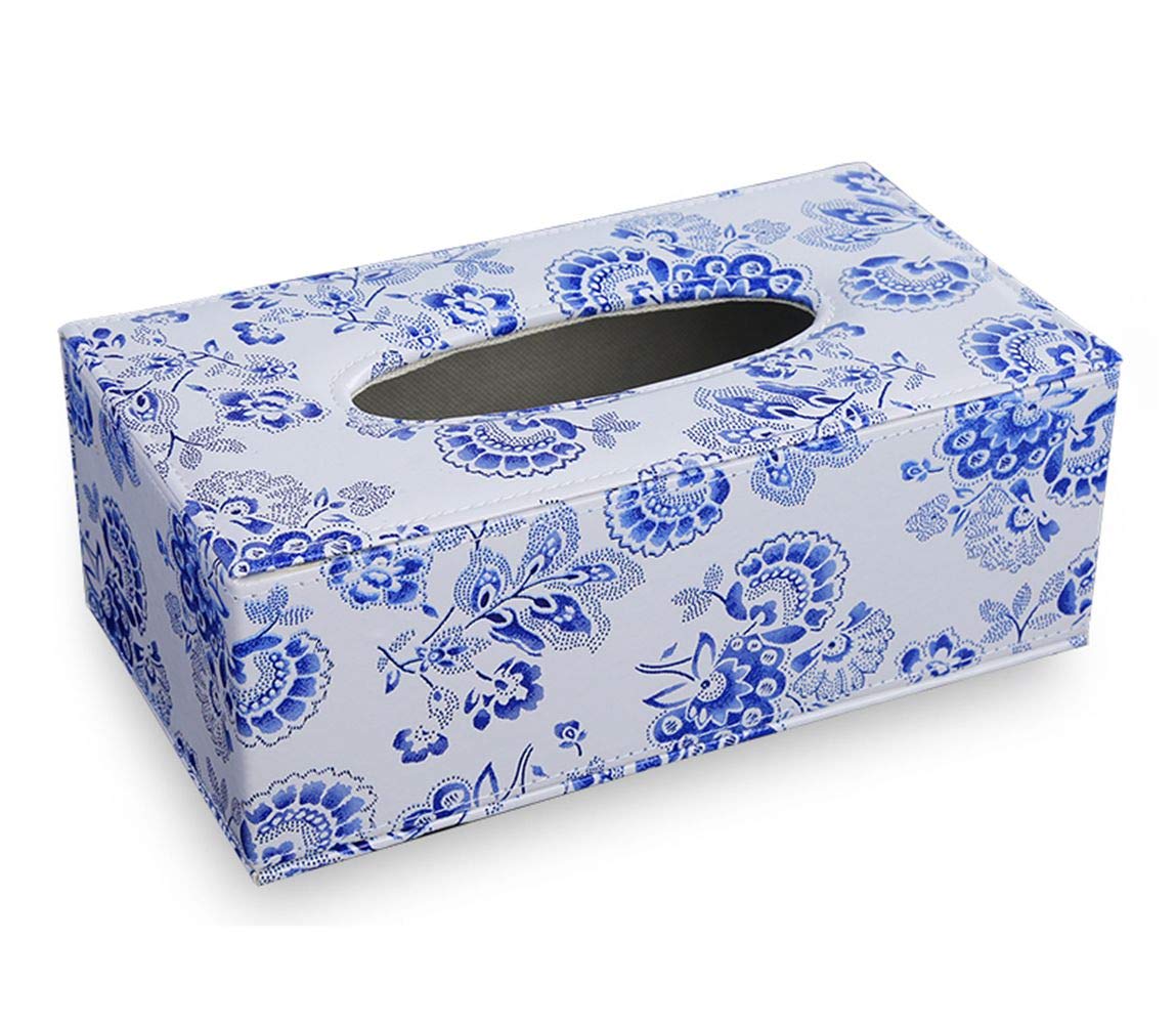 Elegant PU Leather Rectangle Tissue Box Cover - Blue and White Porcelain Design | Forever Home Decor Flowers Tissue Holder | Perfect for Living Room, Bedroom & Bathroom Organization