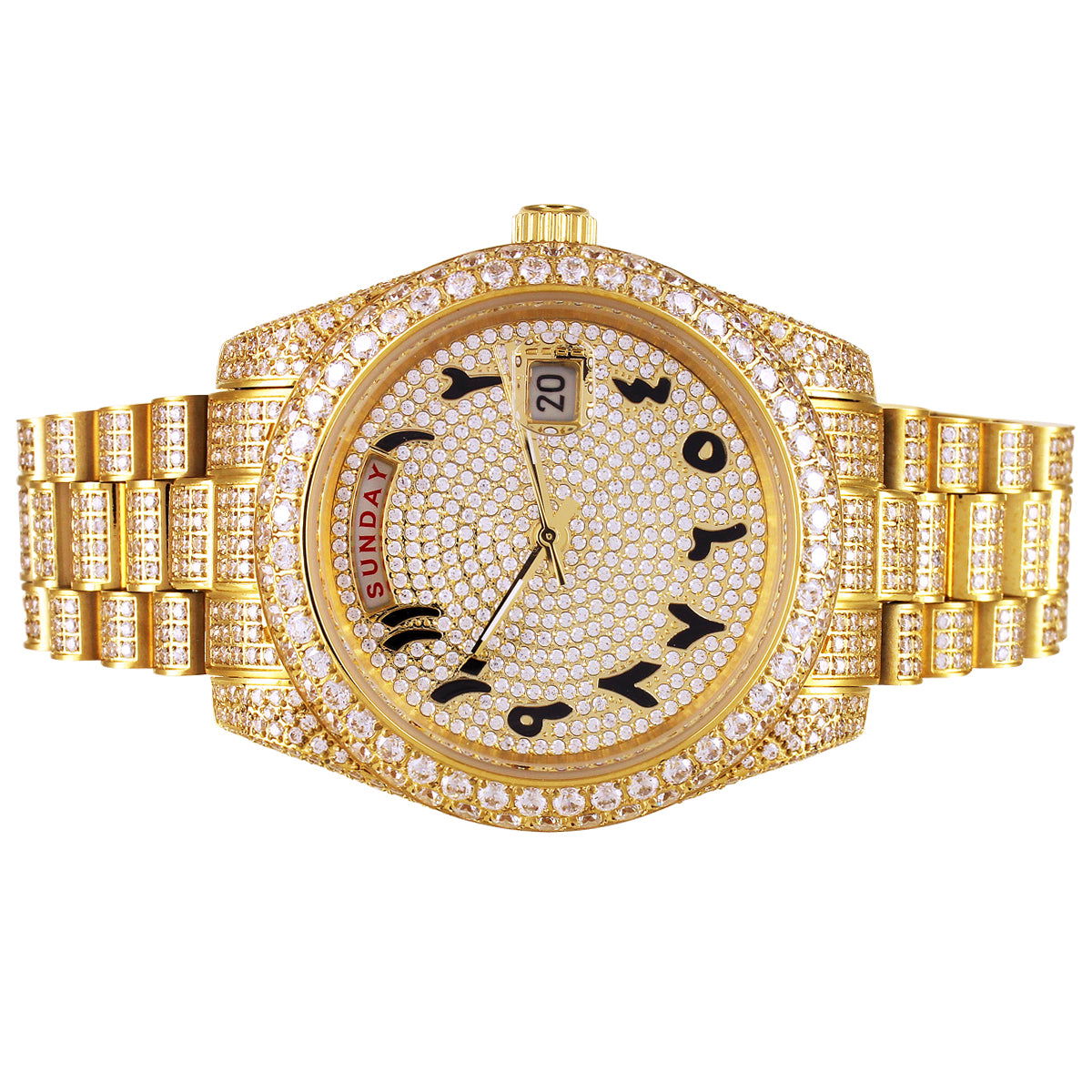 Luxury Icy Bubble Bezel Arabic Dial Gold Tone Automatic Movement Watch for Men - Elegant Dress Watch for Business, Parties & Special Occasions
