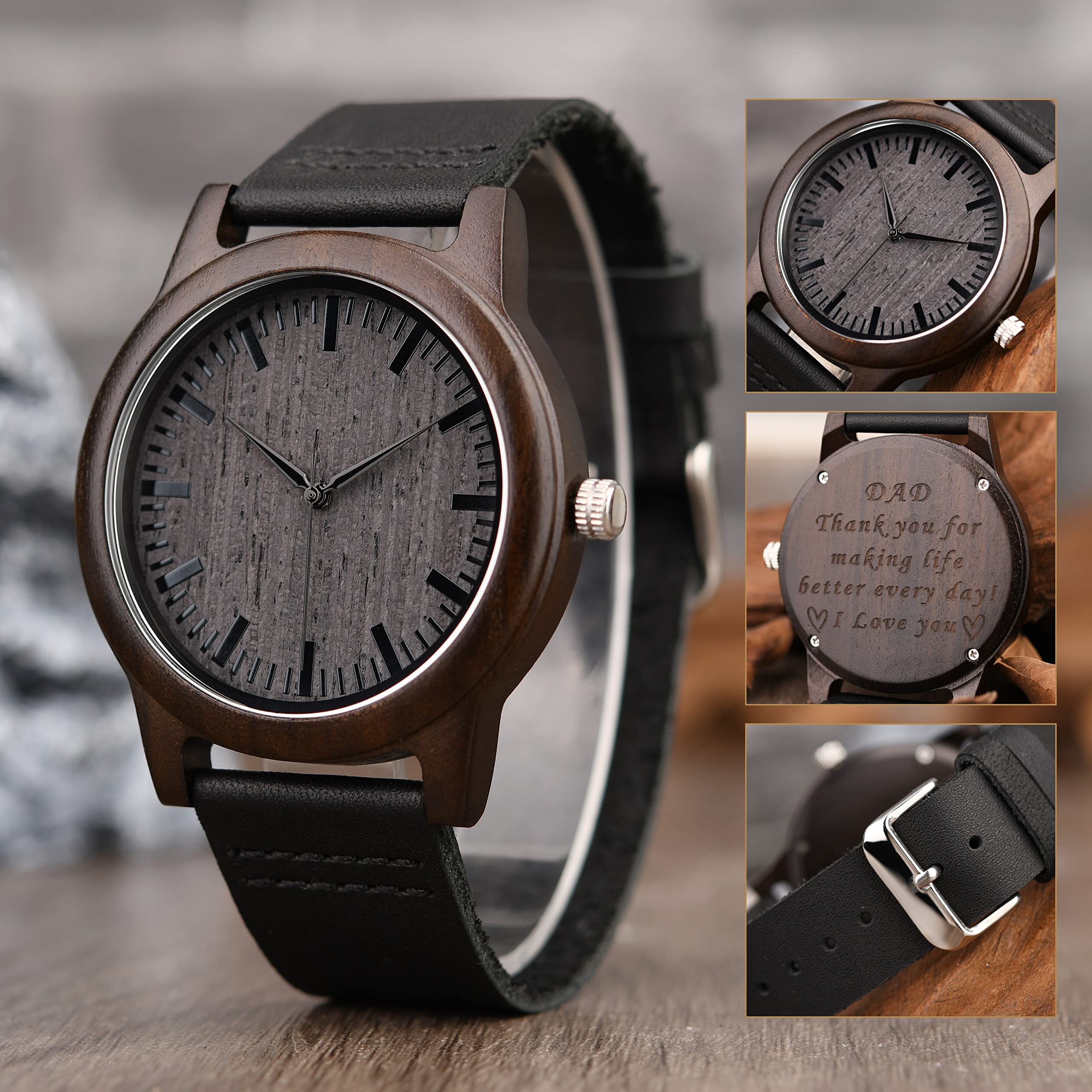 Personalized Engraved Wood Watch for Men - Ebony Wood & Leather Strap - Anniversary, Birthday Gift for Husband, Boyfriend, Dad - Best Man & Groomsmen Watch - Perfect for Weddings, Formal Events & Everyday Wear
