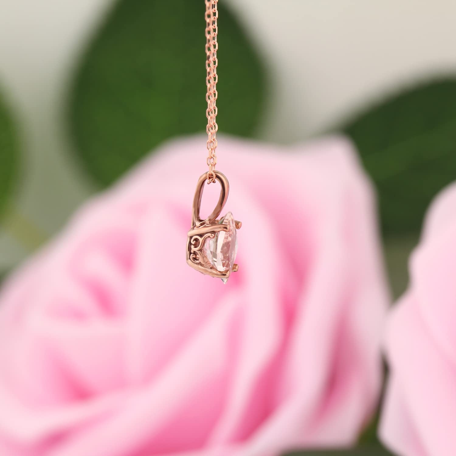 14K Rose Gold Morganite Pendant Necklace - 18 Inch Adjustable Chain, Dainty & Elegant Jewelry Gift for Women, Perfect for Valentine's Day, Anniversary & Special Occasions