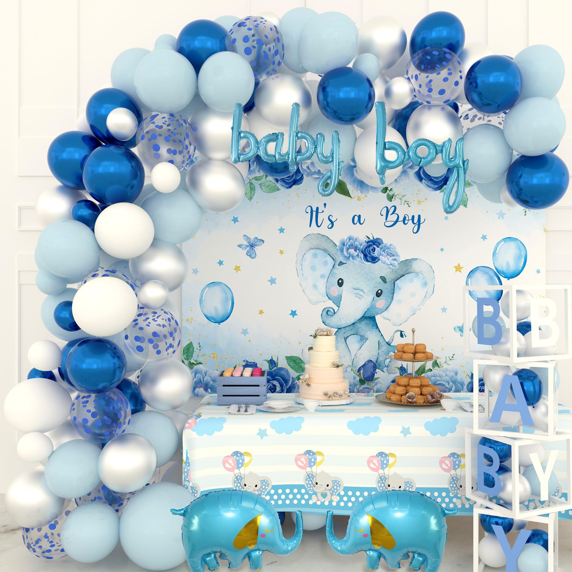 Baby Boy Shower Decorations Kit - Elephant Balloon Garland, Backdrop, Tablecloth & Letters for Baby Shower Party Supplies | Perfect for Gender Reveal, First Birthday & Nursery Decor (Blue)