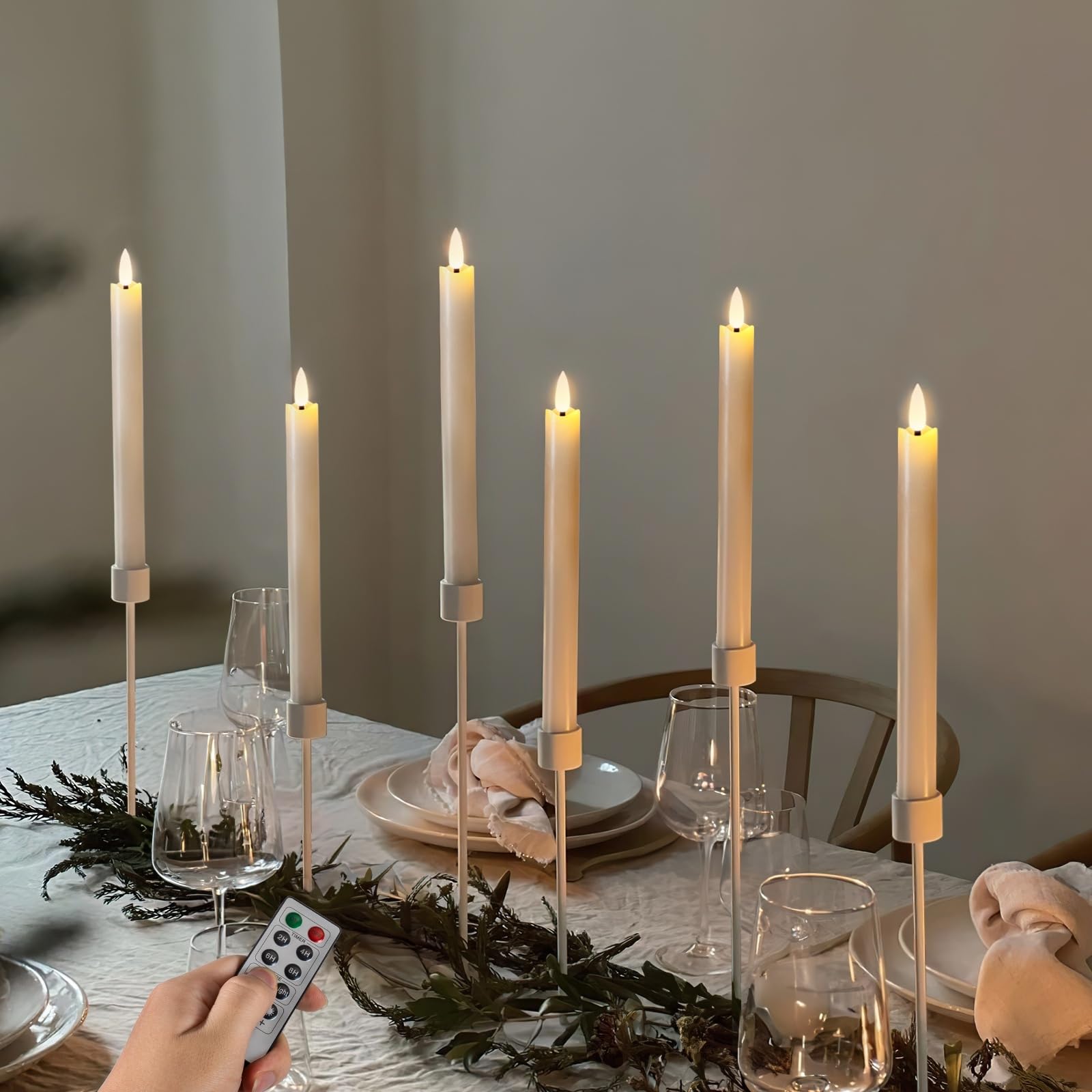 Homemory 9.6 Inch LED Flameless Taper Candles with Remote Timer & Dimmer - Battery Operated Flickering Candlesticks for Windows - Ivory Set of 6 - Perfect for Christmas Decor, Wedding Centerpieces, Romantic Dinners & Holiday Home Ambiance