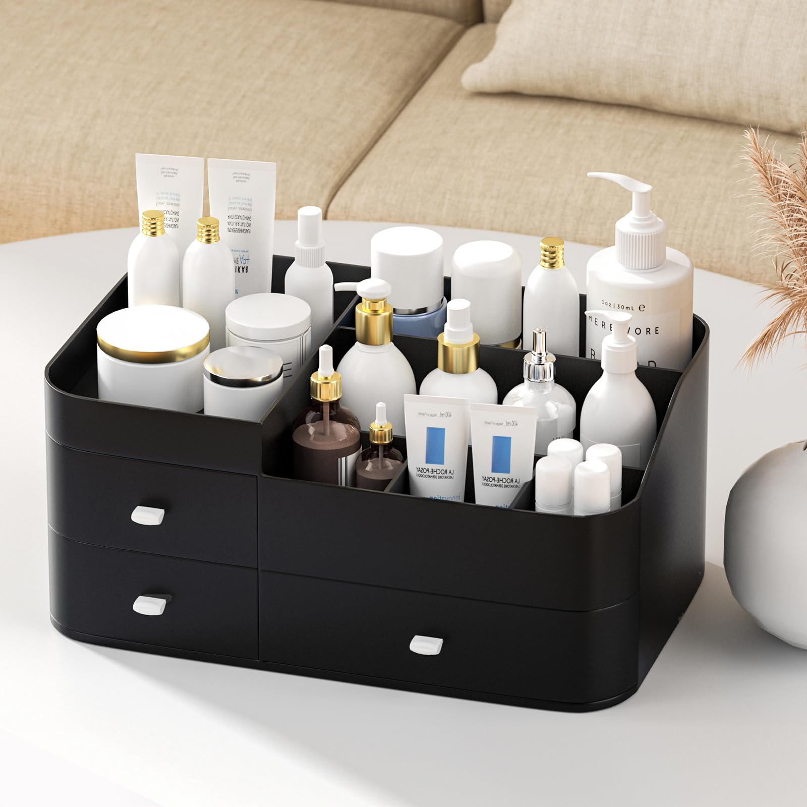 Large Capacity Makeup Organizer with Drawers - Vanity Cosmetic Storage for Lipsticks, Jewelry, Nail Care & Skincare | Black Desk Organizer for Bedroom & Bathroom Countertops | Perfect for Daily Beauty Routine & Travel Organization