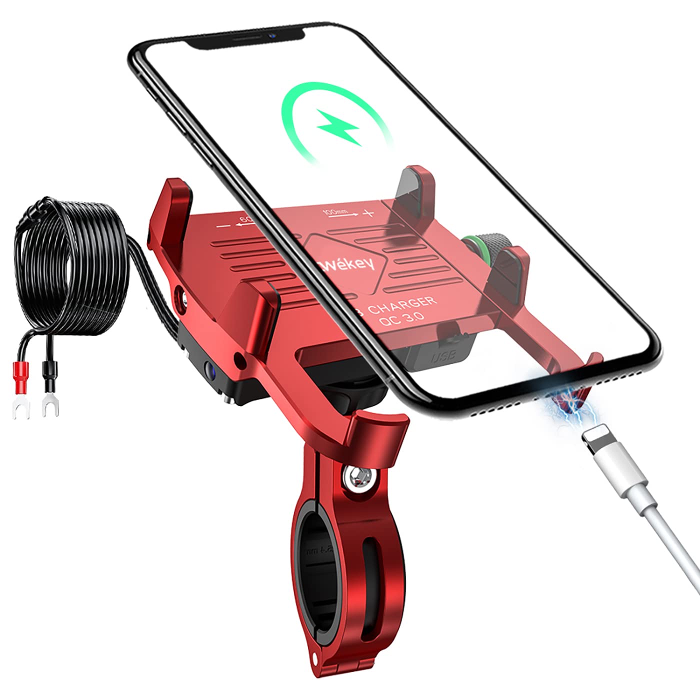 NEWekey Waterproof Aluminum Motorcycle Phone Mount with QC 3.0 USB Charger - Universal Handlebar Phone Holder for iPhone, Huawei, Samsung - Compatible with 12-24V Vehicles (Red) - Perfect for Adventure Riding, Commuting & GPS Navigation