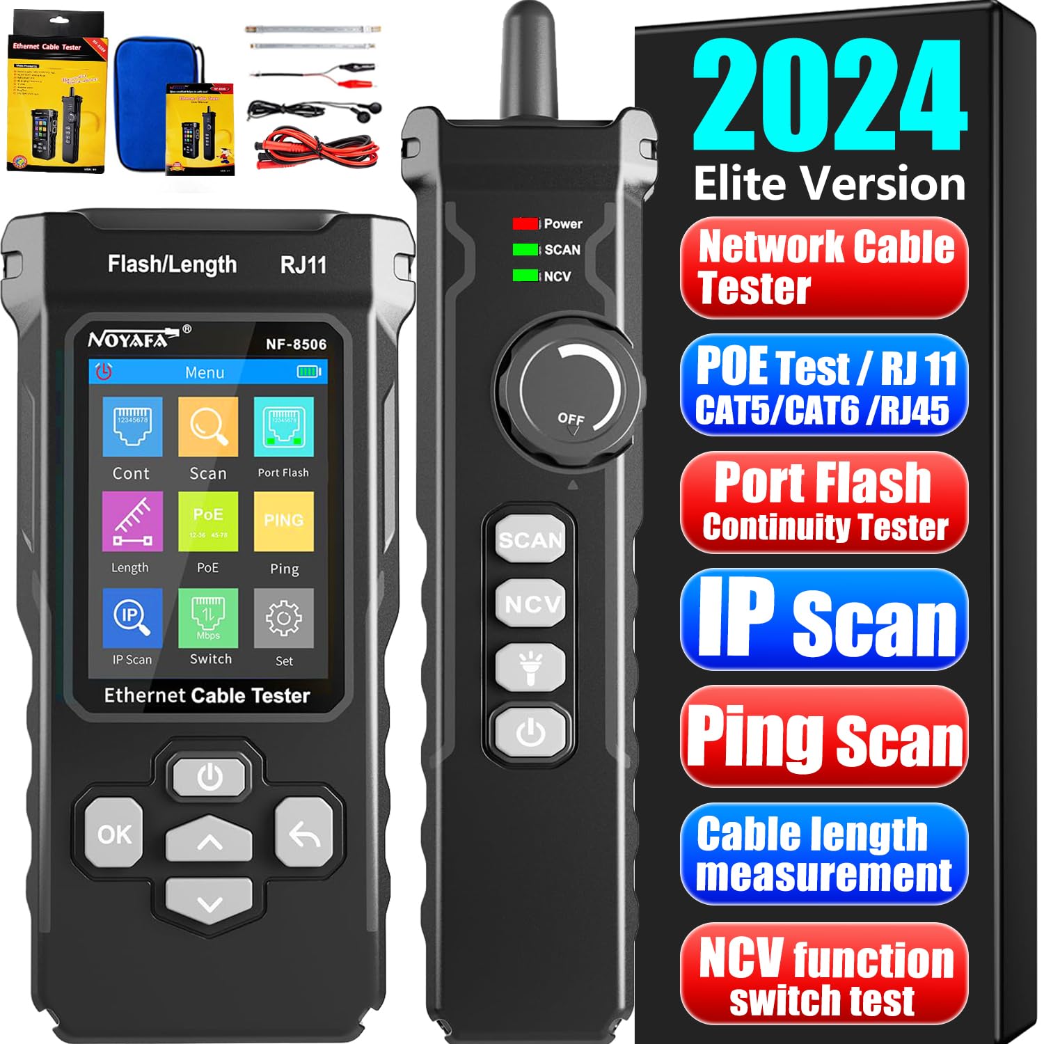 NOYAFA NF-8506 Professional Network Cable Tester with IP Scanner, Network Speed Test, NCV, POE, Ping & TDR for CAT5/CAT6 - RJ11/RJ45 LAN Ethernet Cable Tester & Telephone Wire Finder - Perfect for IT Technicians, Network Installations & Home Office Setup