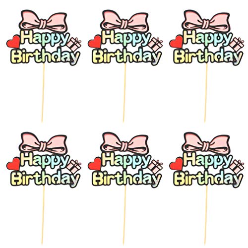 6pcs Happy Birthday Cake Toppers with Exquisite Bowknot - Cupcake Picks & Cake Decorations for Baby Shower, Birthday Party Supplies | Perfect for Wedding, Anniversary & Holiday Celebrations
