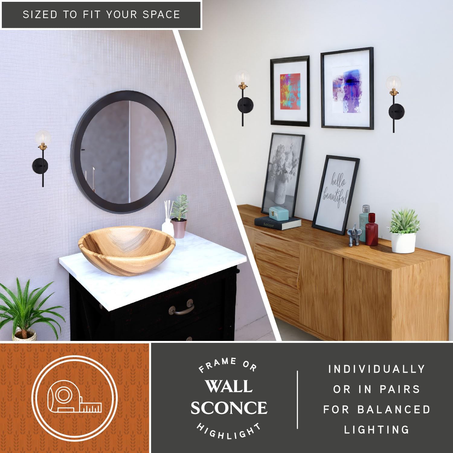 VAXCEL Orbit 1 Light Wall Sconce in Brass & Oil Rubbed Bronze with Clear Glass Globe - Mid Century Modern Industrial Lighting for Bedroom, Living Room, Hallway & Entryway