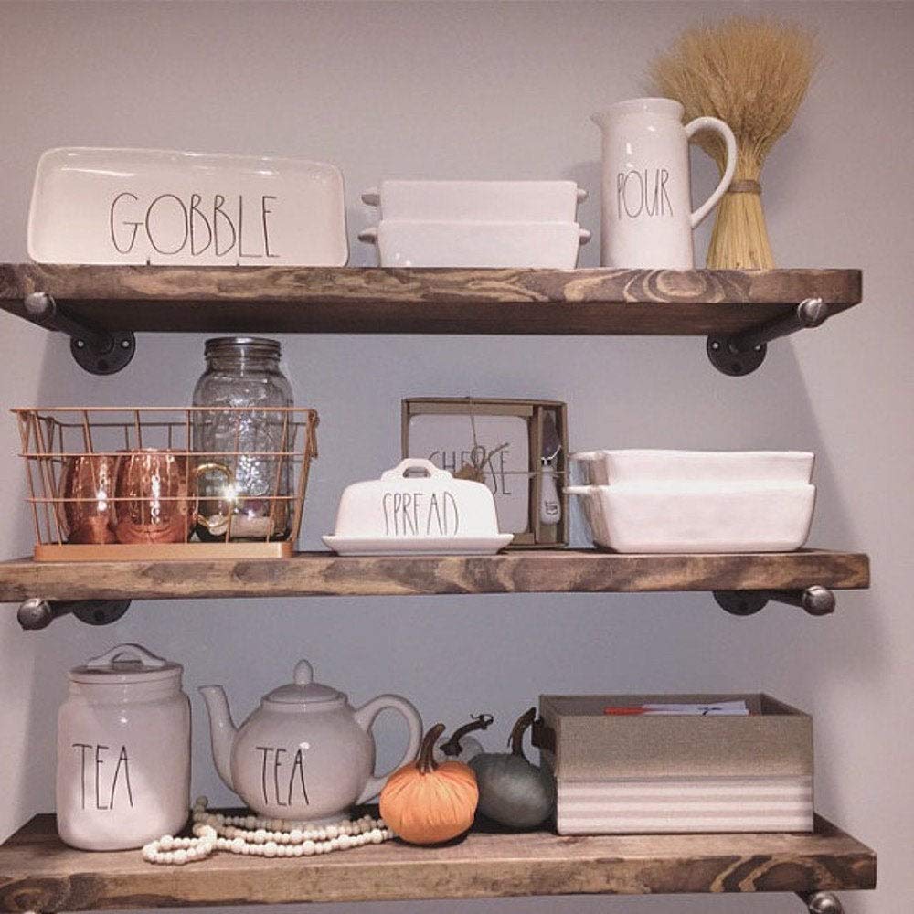 Industrial Floating Shelves Wall Mounted - Set of 3 Rustic Wood Shelves with Pipe Brackets, 1.5