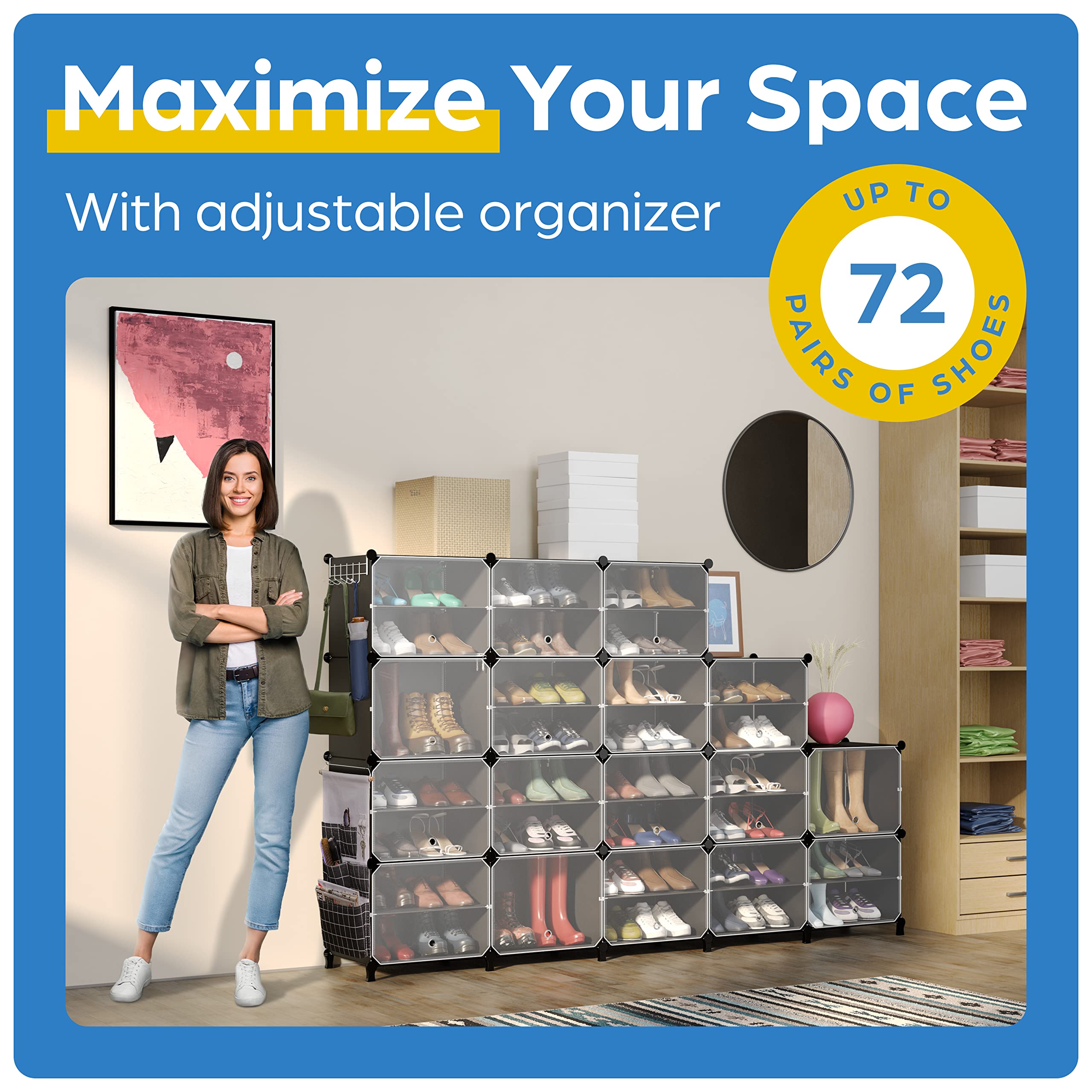 72 Pair Stackable Shoe Organizer Cabinet with Clear See-Through Doors - Plastic Shoe Storage Closet with Covers, Hooks & Pockets - Portable Shoe Rack for Closet, Entryway or Bedroom Organization (Black)