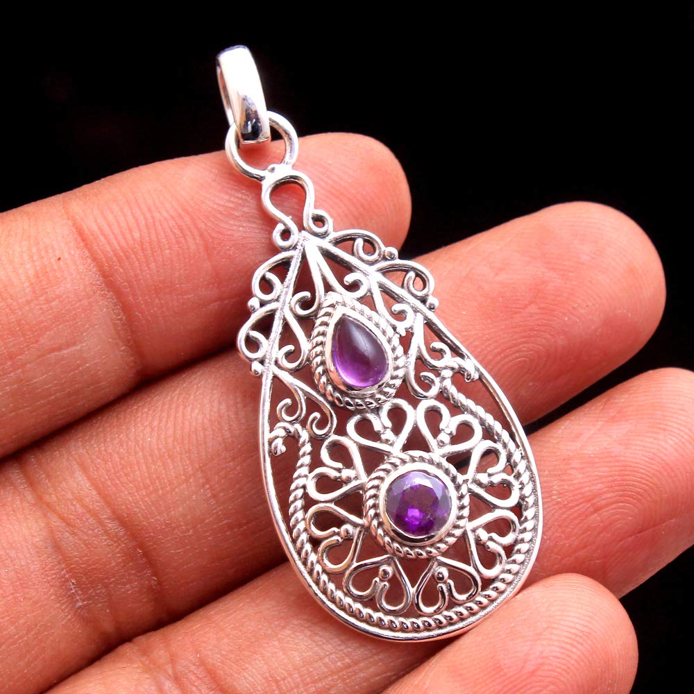 925 Sterling Silver Filigree Amethyst Gemstone Pendant Necklace - 2 Inch Elegant Jewelry for Women, Perfect for Weddings, Parties & Special Occasions