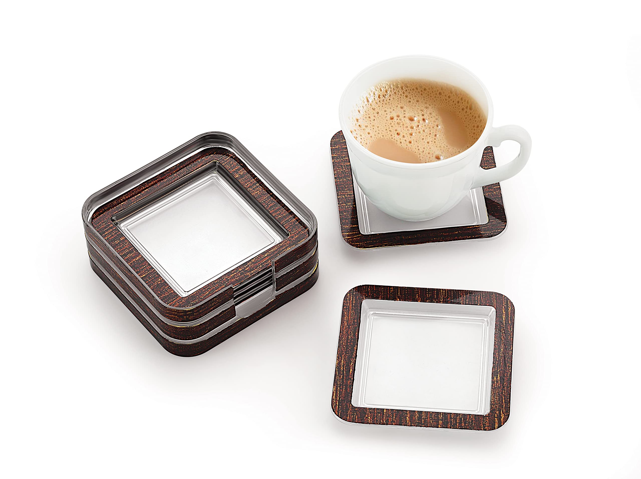 Premium 6-Pack Brown Square Coasters with Holder for Coffee Mugs, Tea Cups, Beer Cans & Water Glasses - Absorbent & Durable Bar Accessories for Home, Office & Restaurant Use