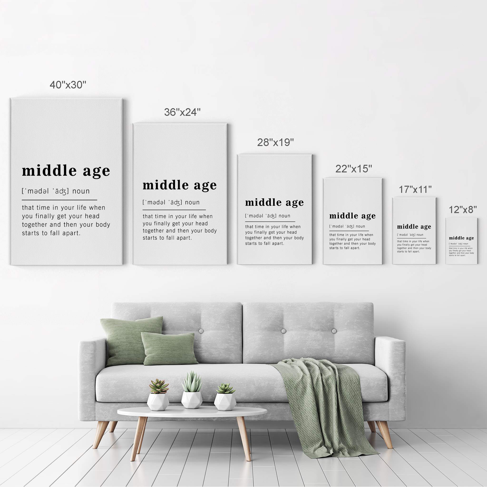 Funny Middle Age Definition Dictionary Canvas Print - Inspirational Quote Wall Art for Office, Living Room, Bedroom & Bathroom - Ready to Hang Home Decor (36x24 Inches, Made in USA) - Perfect Gift for Birthday, Housewarming & Retirement Parties