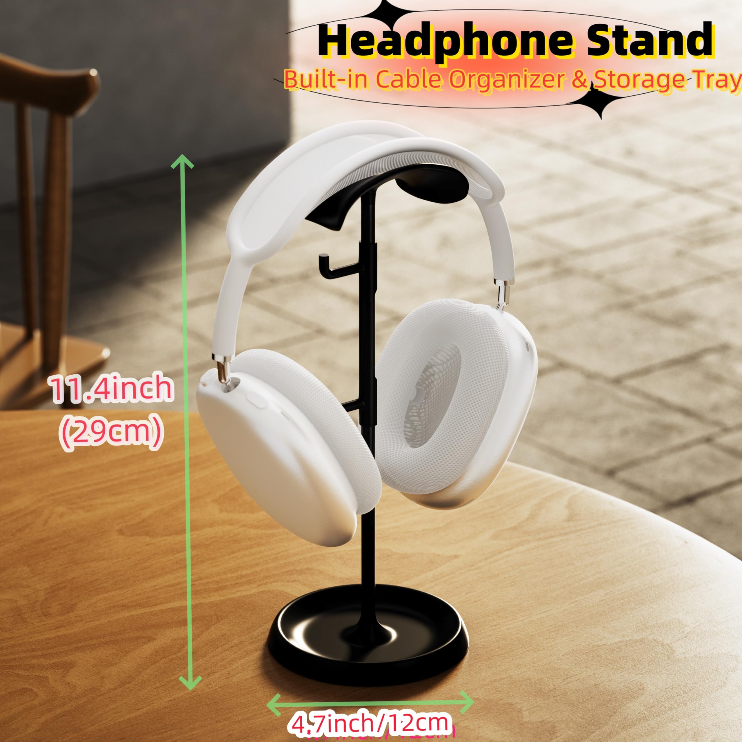 Wigmoa Premium Headphone Stand with Cable Organizer & Storage Tray - Universal Holder for AirPods Max/Pro, Beats, Bose & Gaming Headsets - No Tools Required (Black) - Perfect for Desk, Office & Gaming Setup Organization