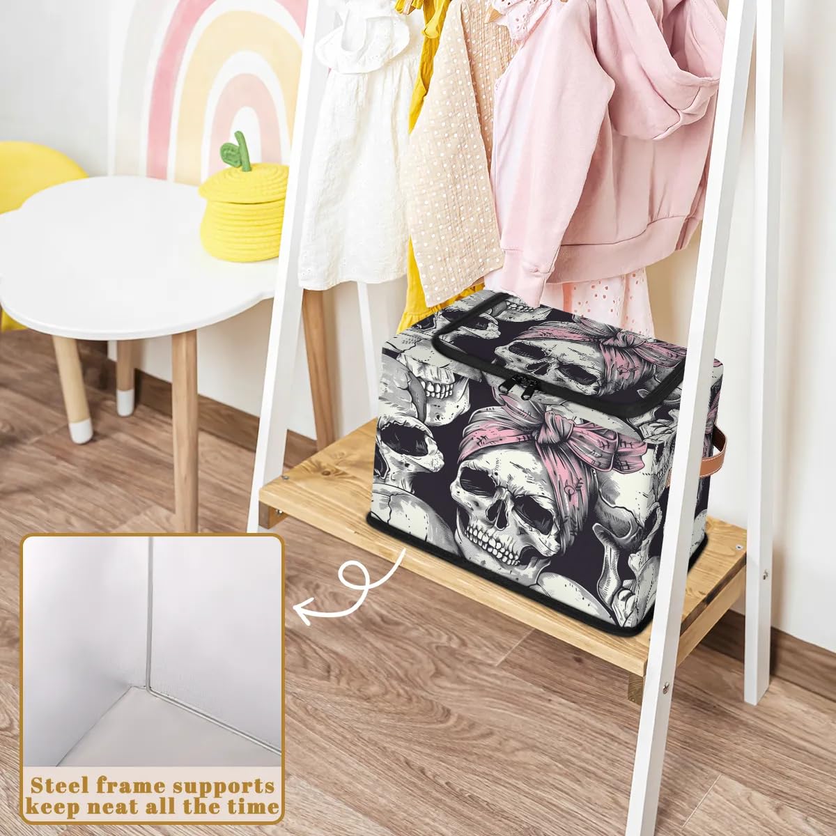 Skull Hair Band Storage Bins with Zipper Lid - 2pcs Stackable Closet Organizer Baskets with Metal Frame & PU Handles - Perfect for Clothes, Toys, and Home Organization