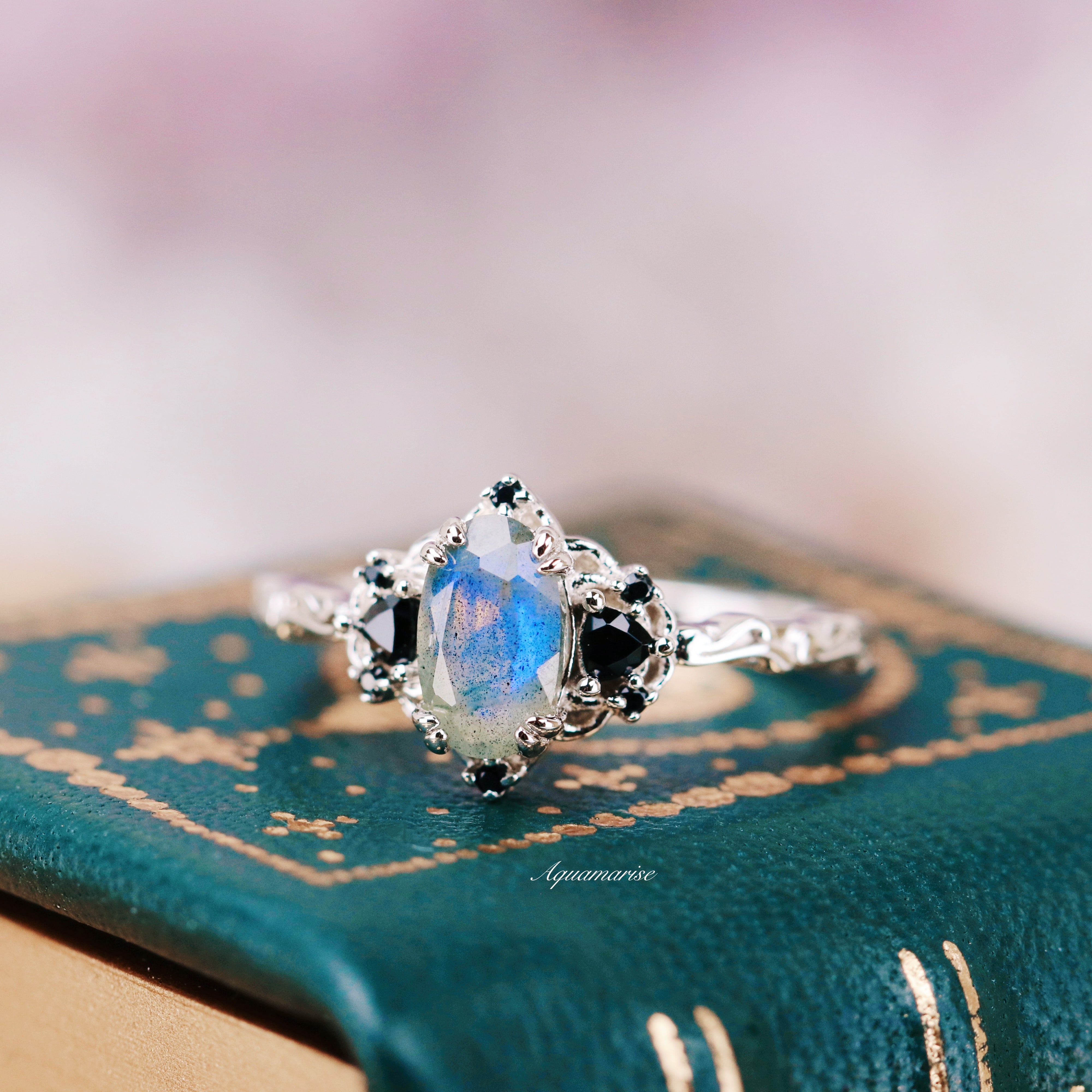 14K White Gold Labradorite & Black Onyx Ring for Women - Elegant Gemstone Jewelry for Everyday Wear, Gift Giving & Special Occasions