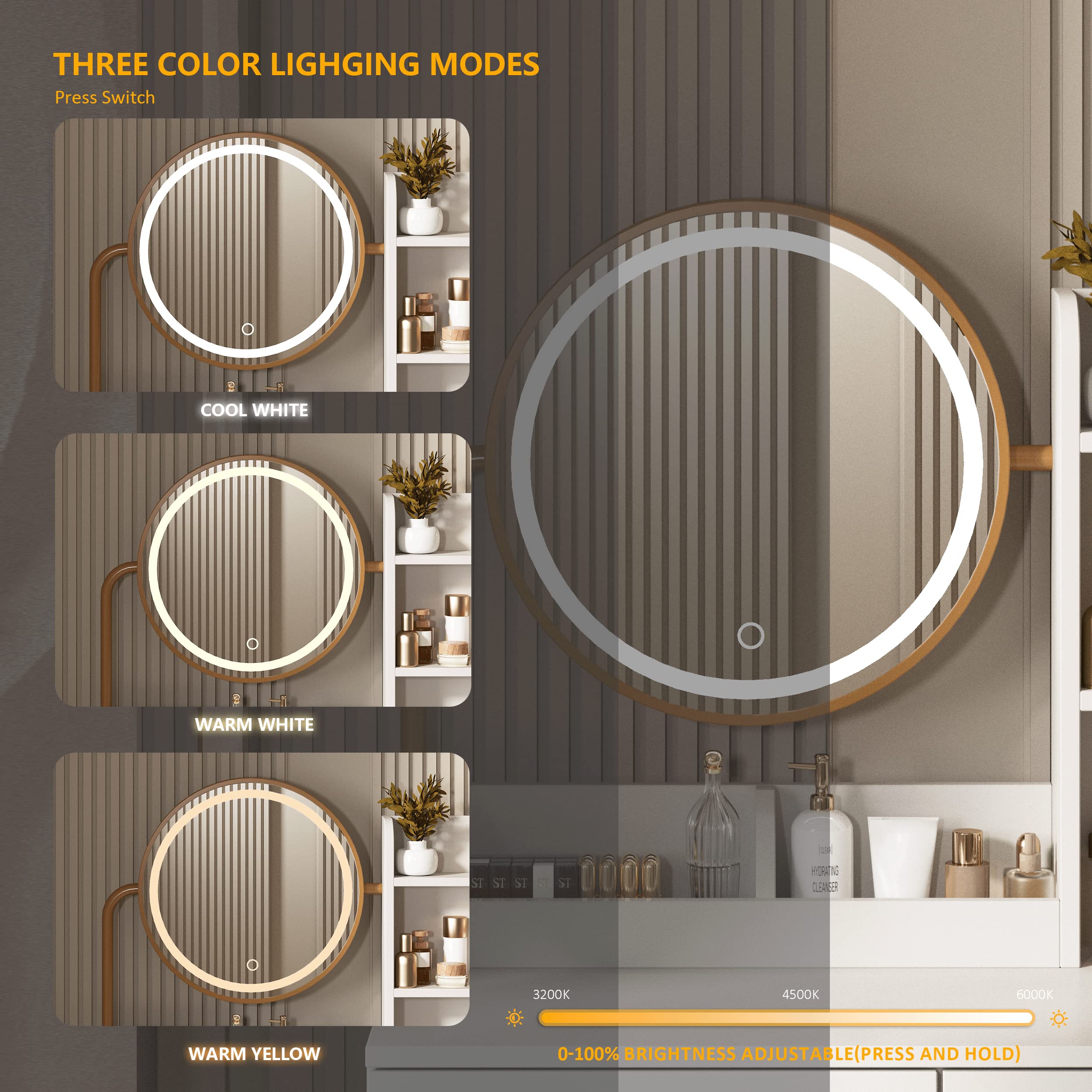 White Makeup Vanity Desk with Round Mirror & LED Lights - 3 Lighting Modes, Spacious Storage, 31.5