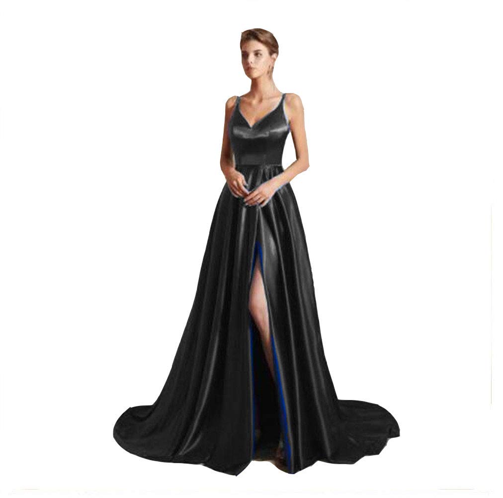 AI Maria Women's Sexy Slit Spaghetti Strap Formal Evening Dress - V-Neck Long Gown for Prom, Cocktail Party & Black Tie Events