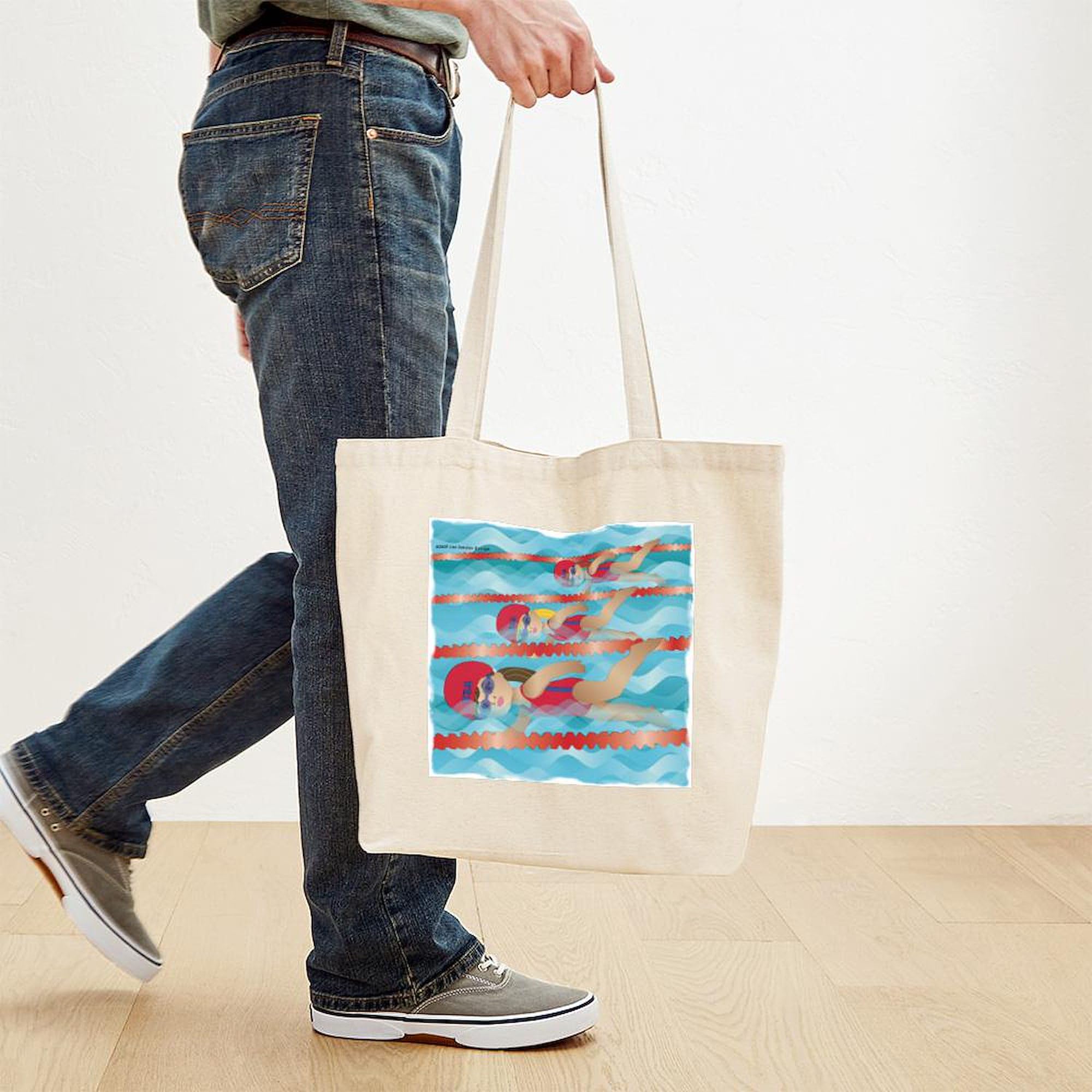 **Little Swimmer Girls Tote Bag - Natural Canvas Reusable Shopping Bag for Beach, Pool & Travel | Eco-Friendly & Durable**