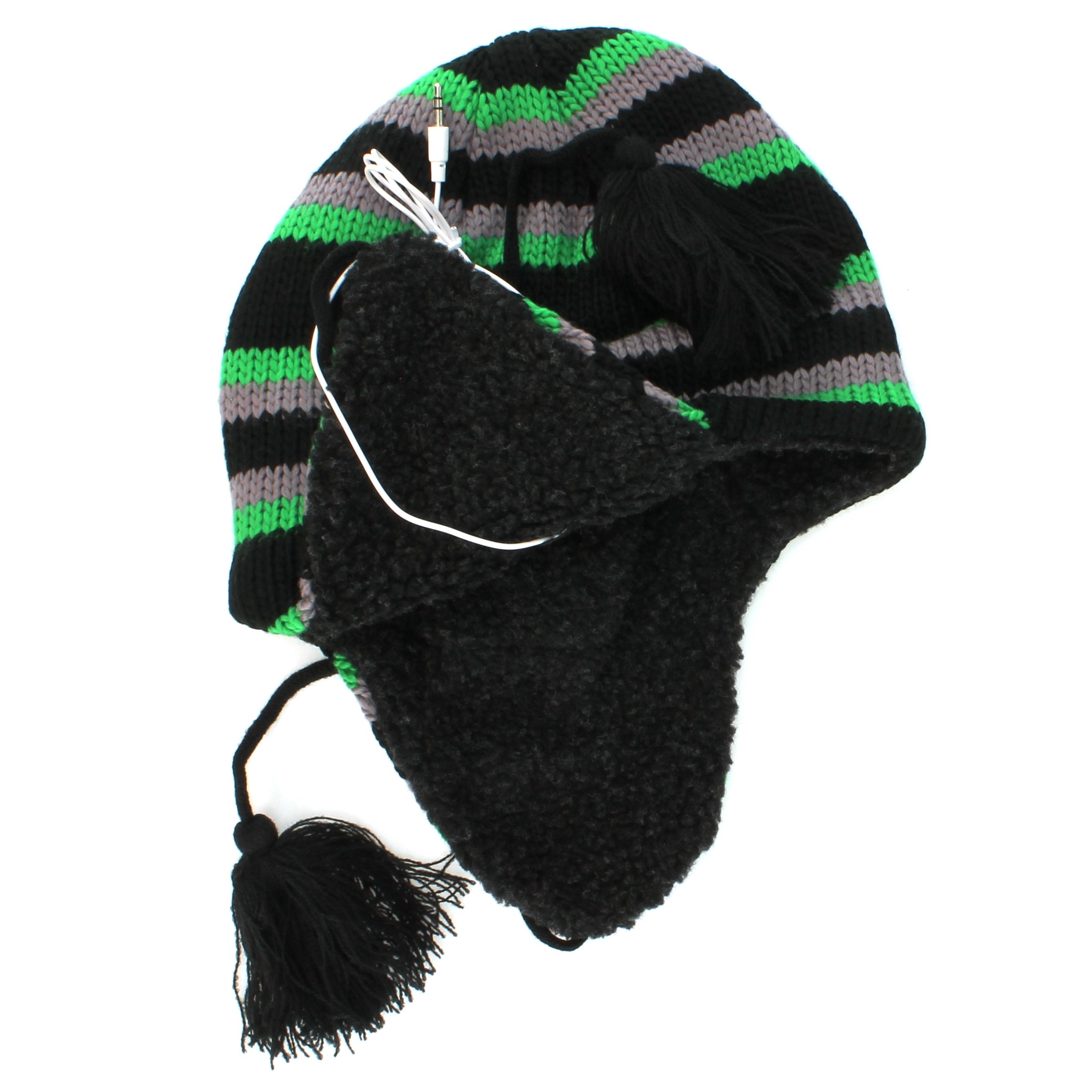 Winter Beanie with Built-in Headphones - Green Peruvian Knit Style One Size Fits All - Perfect for Skiing, Jogging & Cold Weather Activities