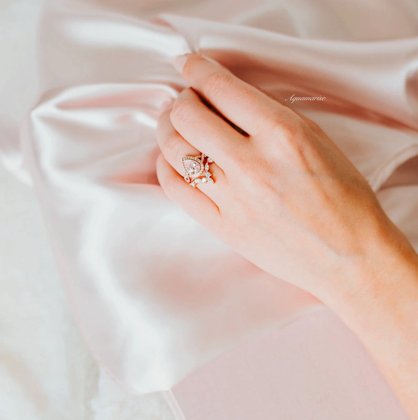 14K Rose Gold Vermeil Morganite Teardrop Ring Set for Women - Elegant Stackable Rings for Engagement, Wedding, Anniversary & Everyday Wear