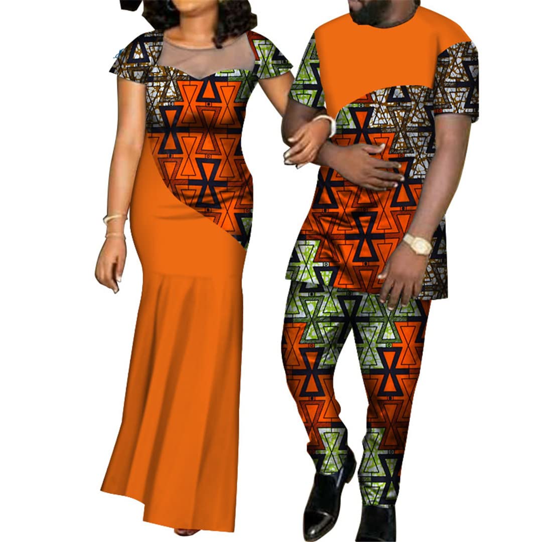 African Print Dresses for Women & Bazin Men's Shirt Pants Sets - Matching Couple Outfits in Vibrant Yarn Fabric | Perfect for Weddings, Parties & Cultural Events (Style 24FS1207)
