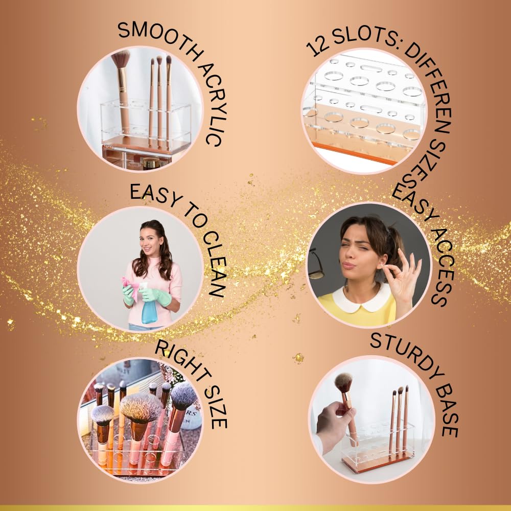 Moosy Life Acrylic Makeup Brush Holder Organizer - 12 Slots Vanity Countertop Storage & Drying Rack for Makeup Brushes | Perfect for Home Beauty Salon, Professional Makeup Artists & Travel Cosmetic Organization