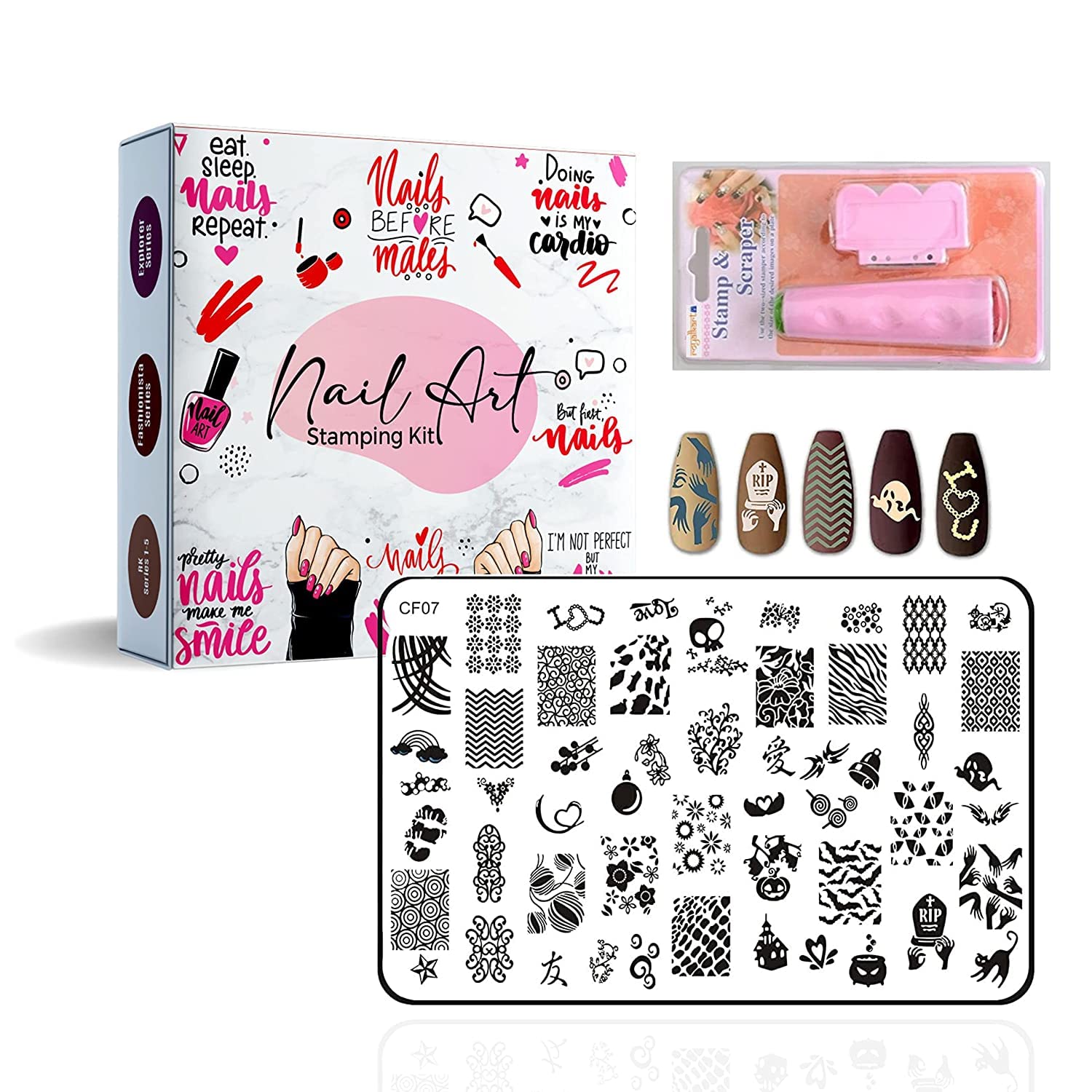 Professional Royalkart Nail Art Kit for Women - CF07 Image Plate with Stamper & Metal Scraper | DIY Manicure & Salon-Quality Nail Designs at Home