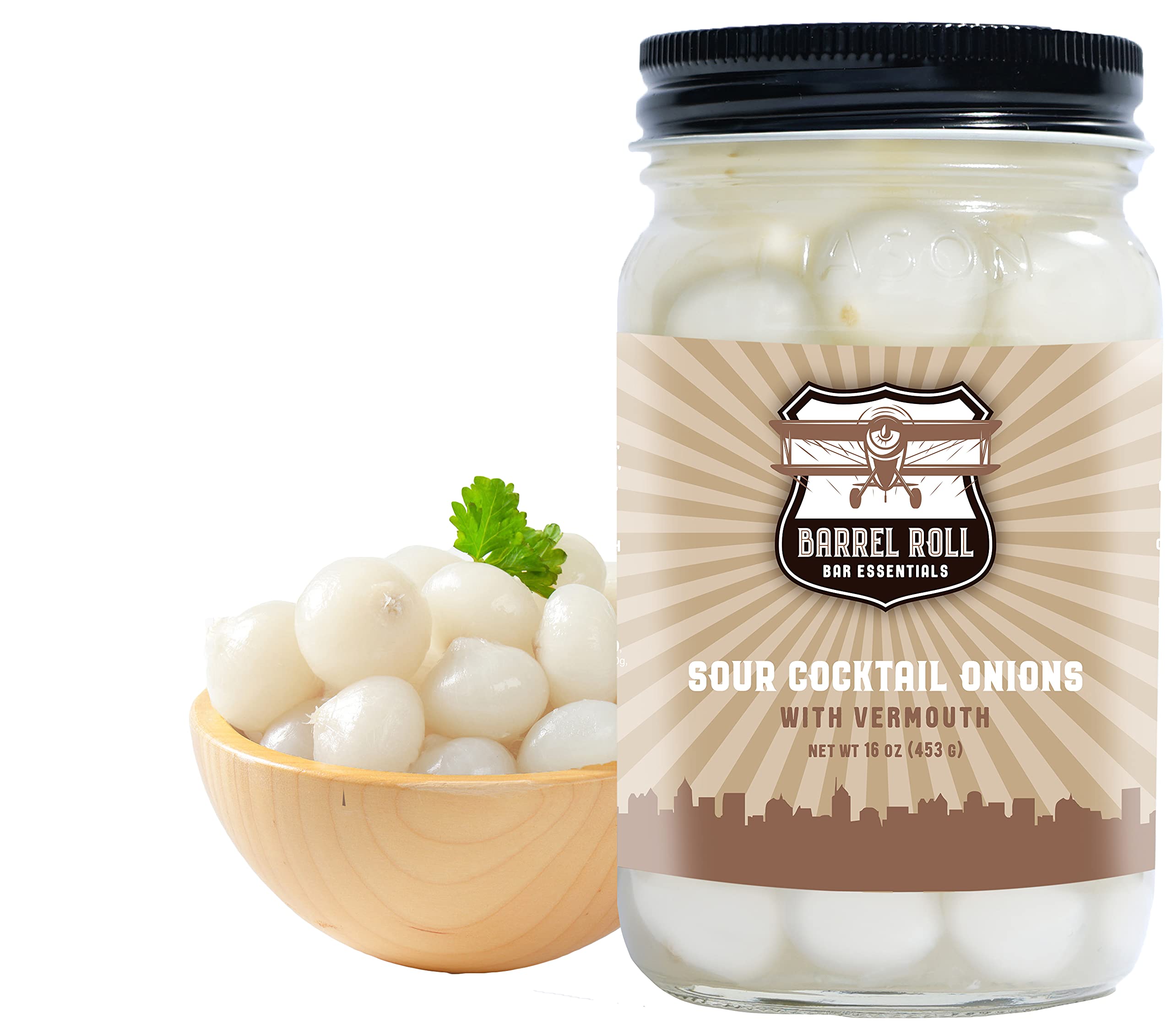 Barrel Roll Bar Essentials Cocktail Onions - Classic Sour Silver Skin Pickled Onions in Vermouth & Salty Vinegar - Perfect for Gibson & Bloody Mary Cocktails - Gourmet Drink Garnish - 16oz - Ideal for Home Bars, Cocktail Parties & Upscale Mixology
