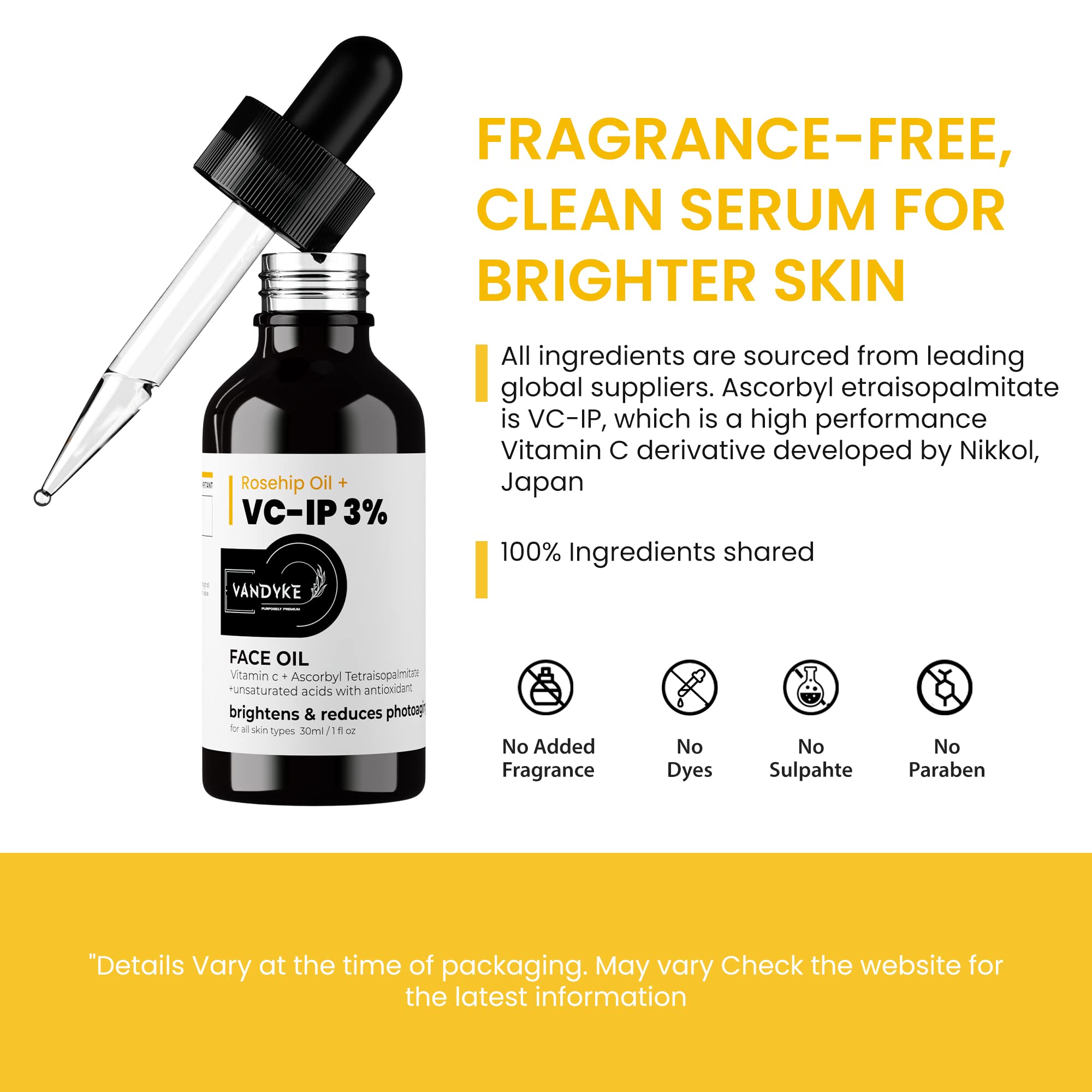 Vandyke 0.3% Pure Rosehip Oil for Face - Vitamin C Skin Brightening Serum (30ml) | Anti-Aging & Dark Spot Treatment | Day & Night Moisturizer for Glowing Skin