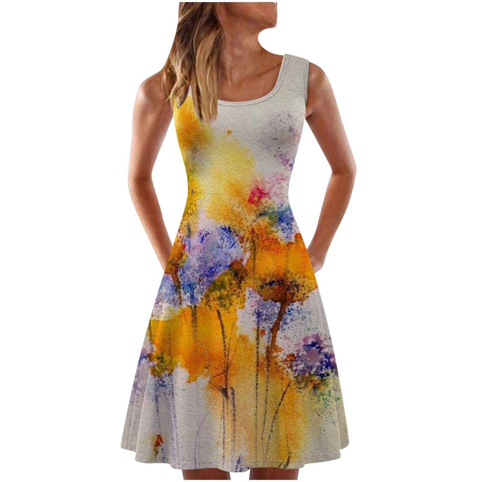 Yoeyez Women's Floral Print Sleeveless Sundress - Summer A-Line Mini Dress with Crew Neck & Slim Waist for Beach, Vacation & Casual Outings