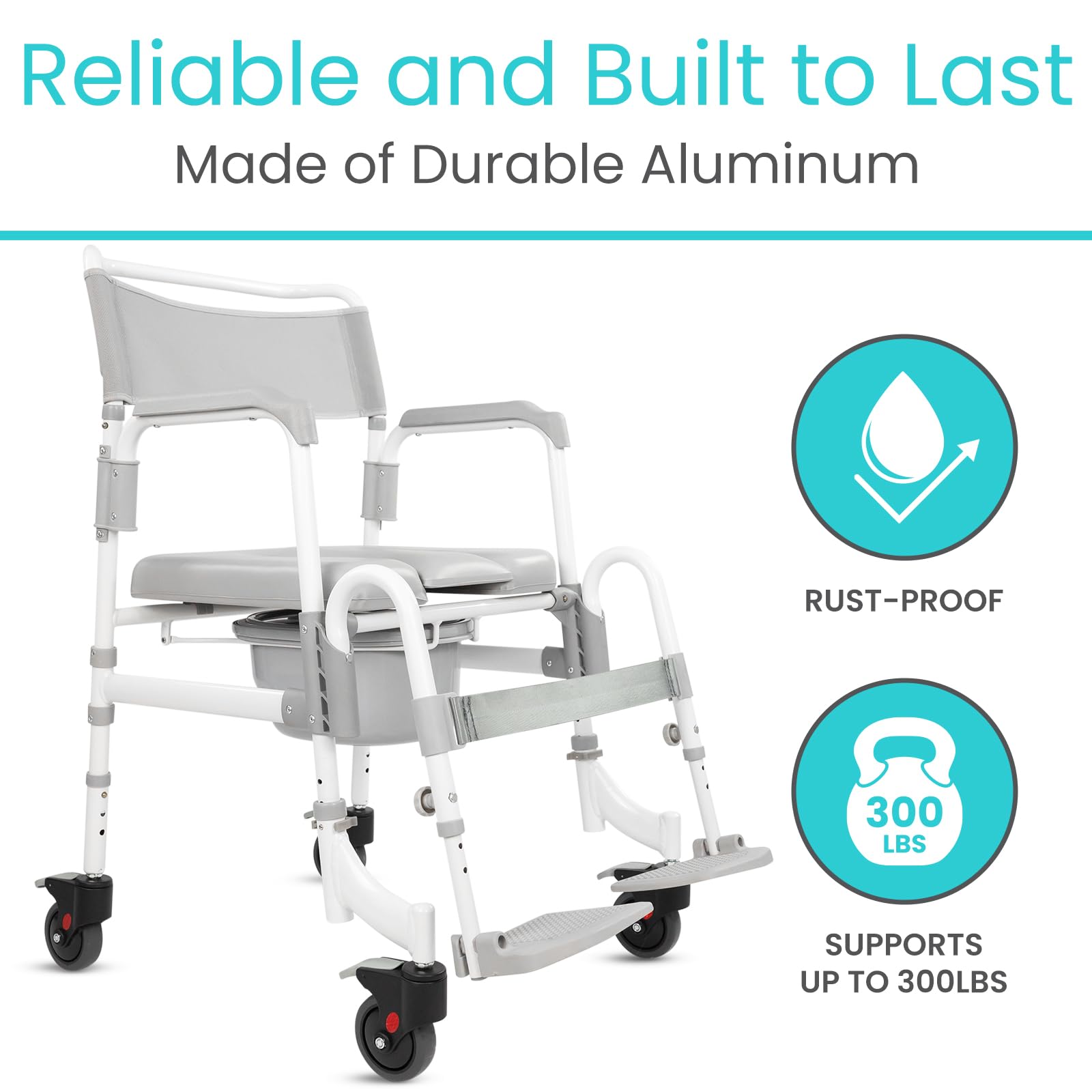 Vive 3-in-1 Rolling Commode & Shower Chair with Wheels - Adjustable Height Transport Wheelchair for Bathroom & Bedside Use - Mobility Aid for Disabled Adults, Elderly & Seniors - FSA/HSA Eligible - Ideal for Home Care, Post-Surgery Recovery & Assisted Living Facilities