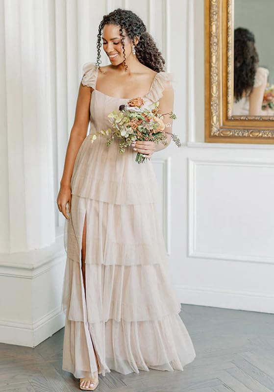 Elegant Women's Tulle Tiered Bridesmaid Dress - Long A-Line with Slit, Spaghetti Straps & Ruffles for Formal Weddings | Perfect for Bridal Party, Evening Galas & Special Occasions
