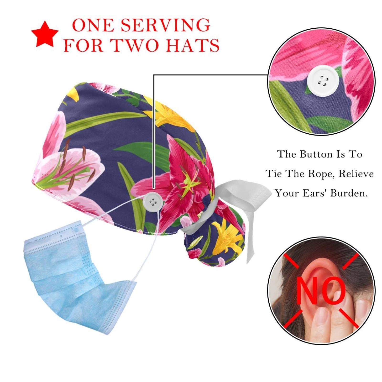 Flamingo Green Surgical Scrub Hats for Women & Men - 2 Pack Unisex Medical Caps with Button Closure, Sweatband & Long Hair Tie Back - Perfect for Nurses, Doctors, Healthcare Workers & Veterinary Professionals