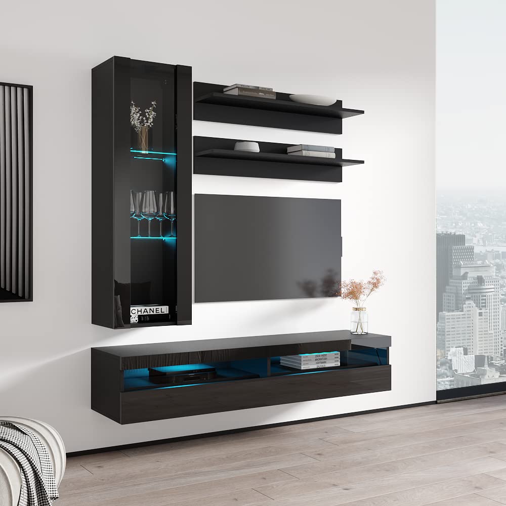 Modern Floating TV Stand with Storage & LED Lights - Wall-Mounted Entertainment Center for Bedroom & Living Room - H2 35TV Console with Shelves - Black - Perfect for Small Spaces & Home Theater Setup