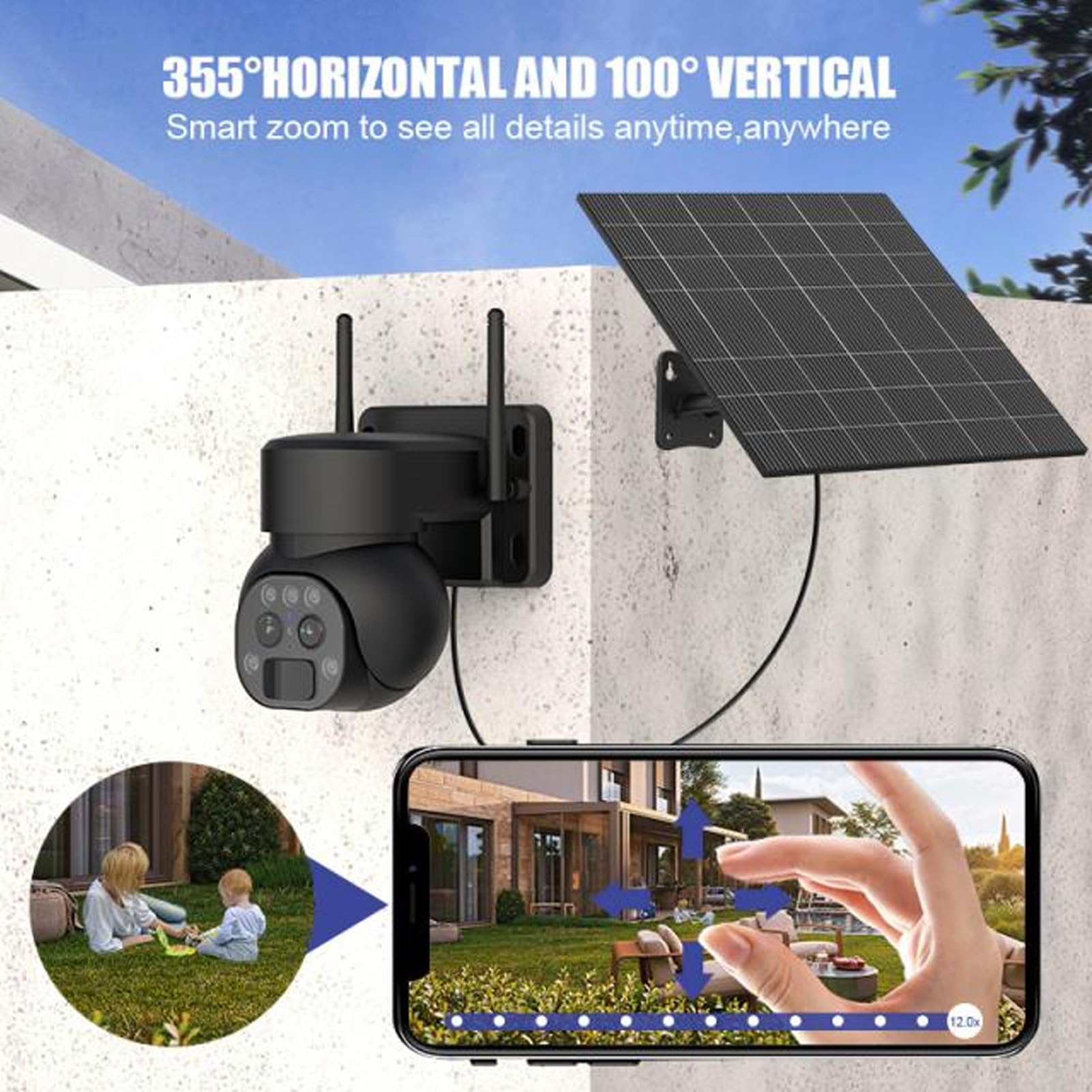 Goshyda 4G LTE Solar Security Camera Outdoor, 355° Panoramic HD Dual Lens Home Surveillance System with 12X Zoom, Motion Detection & 2-Way Audio - Ideal for Europe Home & Business Security Monitoring