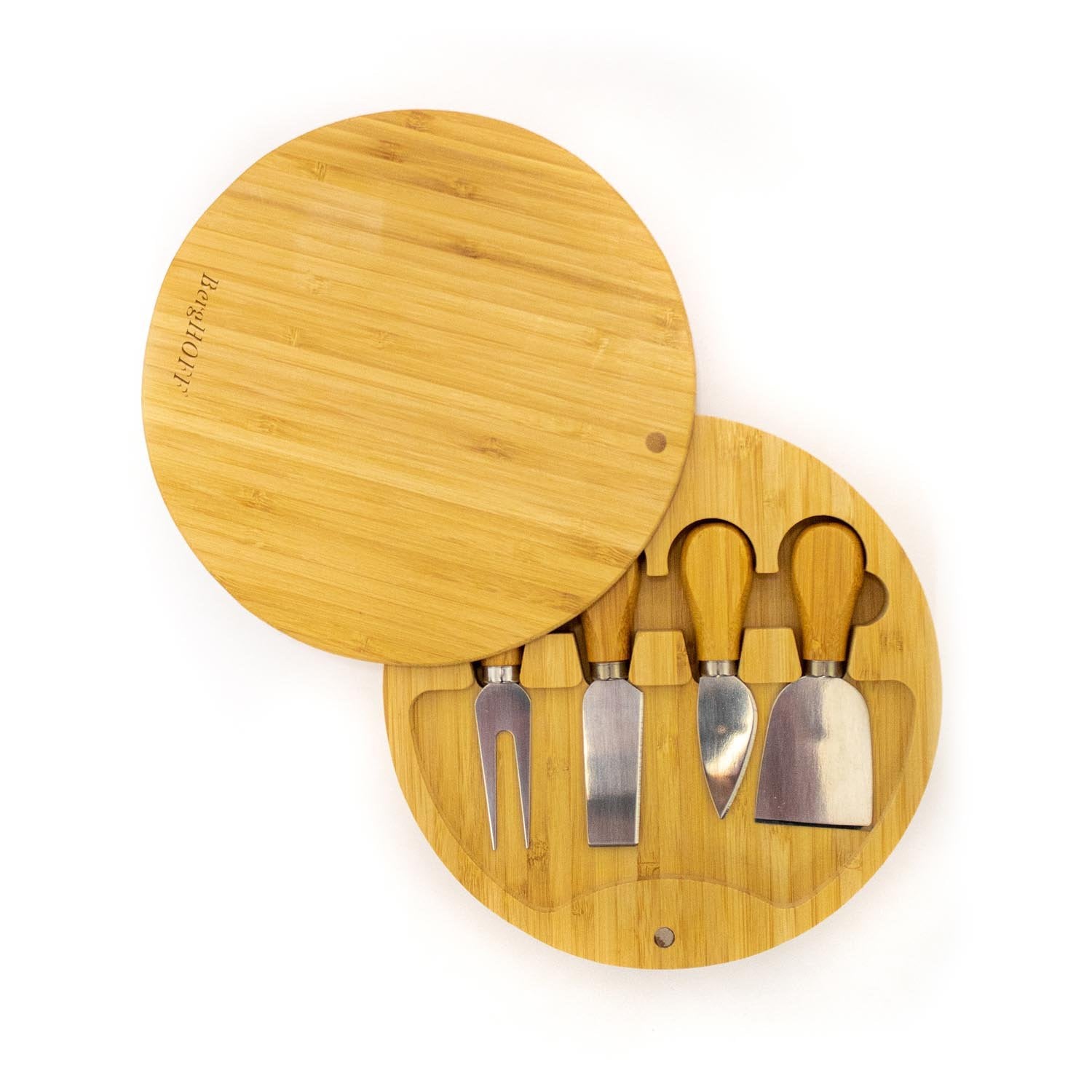 BergHOFF 6-Piece Stainless Steel Cheese Knife Set with Bamboo Round Cutting Board - 8.7x1.5 Inches - Perfect for Cheese Platters, Charcuterie Boards & Entertaining