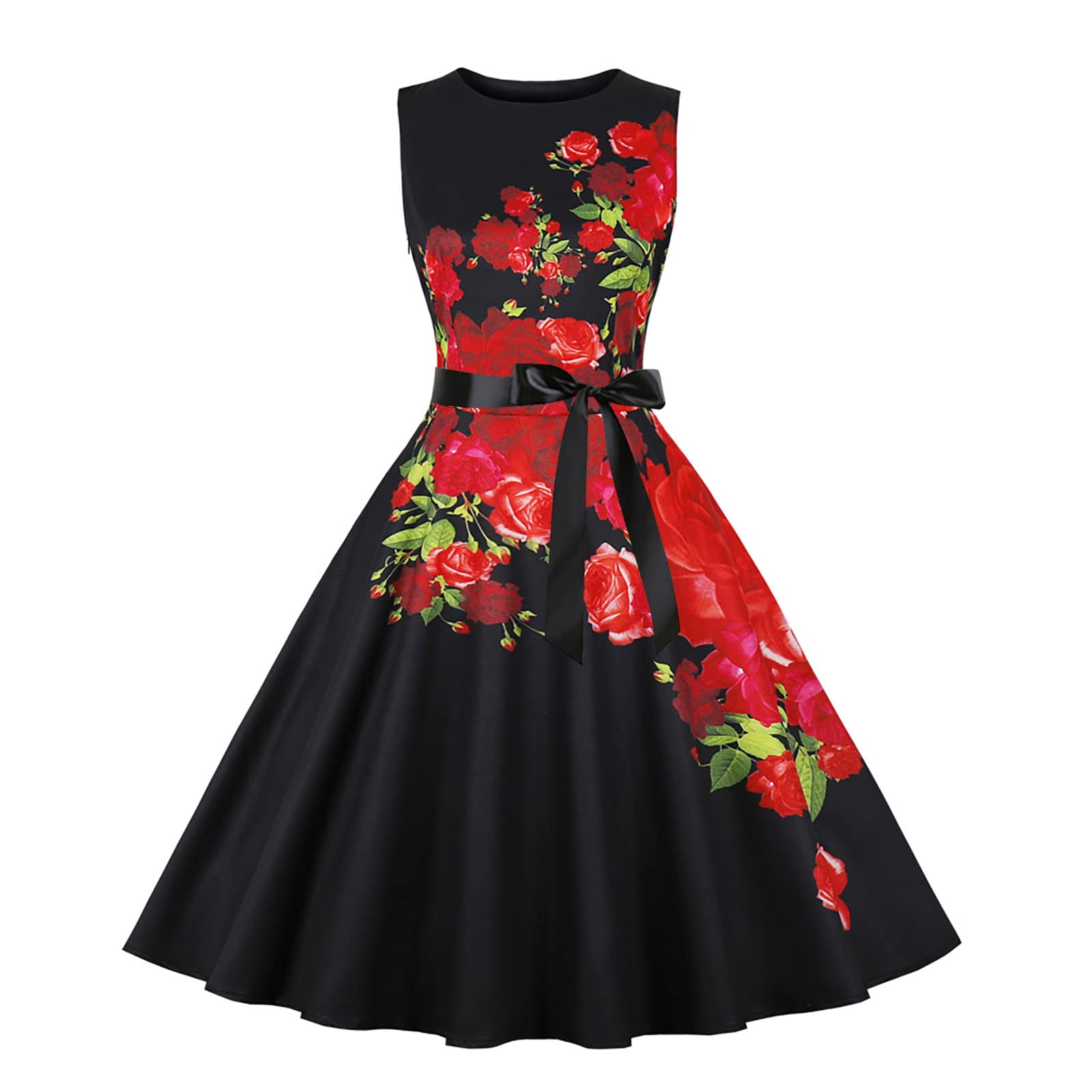 bmkBWO Women's Floral Print Sleeveless Cocktail Dress - Crewneck Midi A-Line Swing Pleated Party Dress for Prom, Wedding & Evening Events | Perfect for Cocktail Parties, Date Nights & Formal Occasions