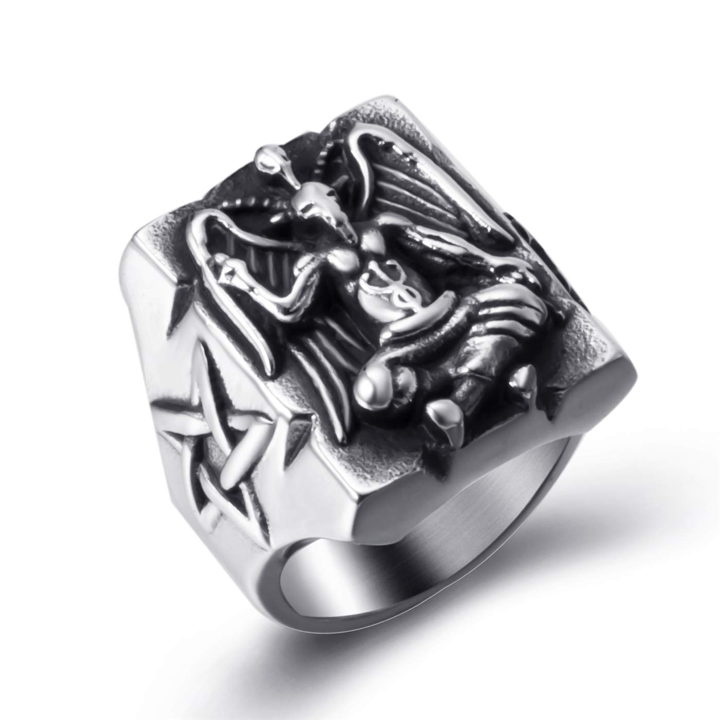 Men's Stainless Steel Satanic Baphomet Goat Ring - Vintage Devil Demon Leviathan Cross Pentagram Jewelry for Gothic Occult Fashion & Dark Aesthetic Outfits